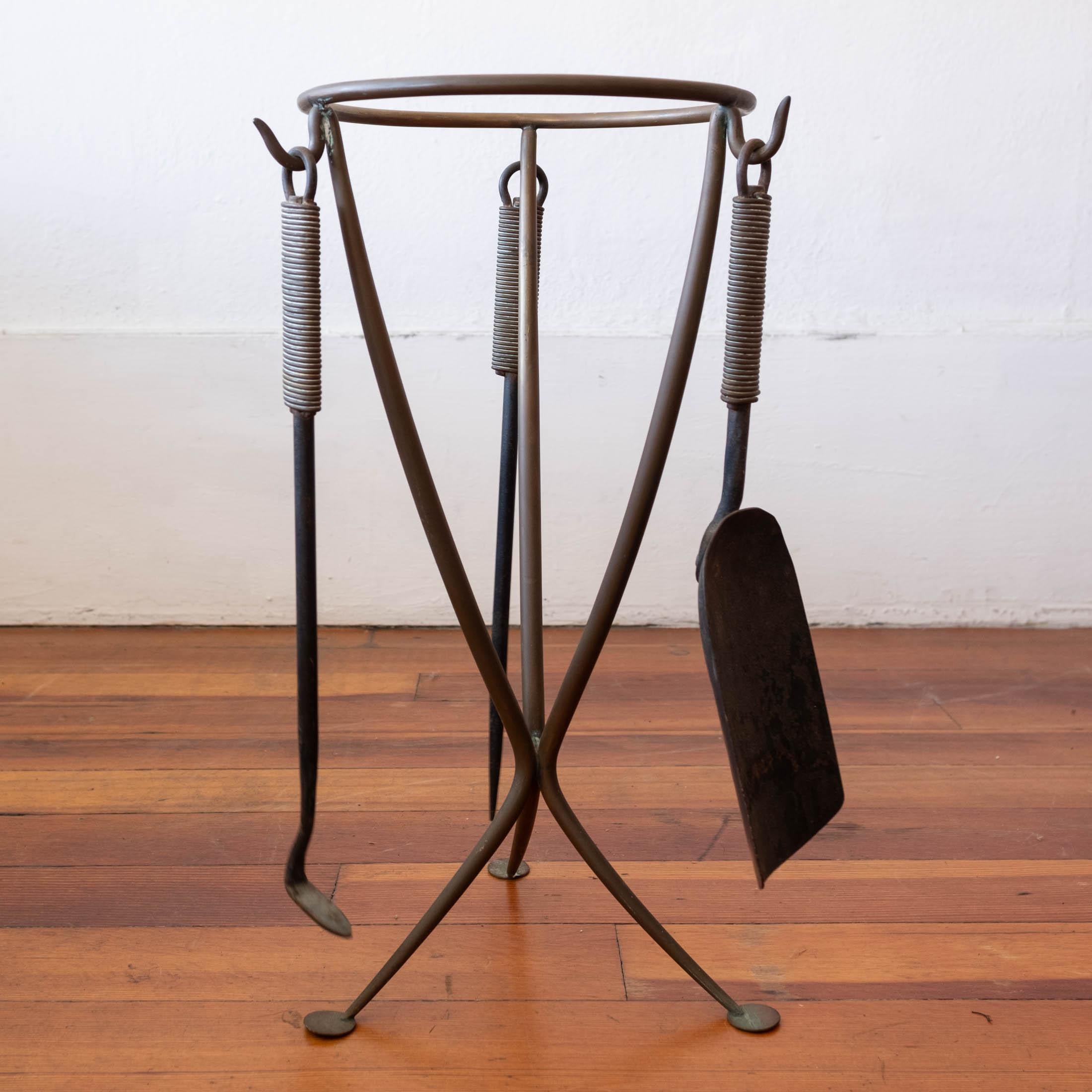 Modernist Bronze Fireplace Tool Set with Hand Hammered Ash Bucket 10