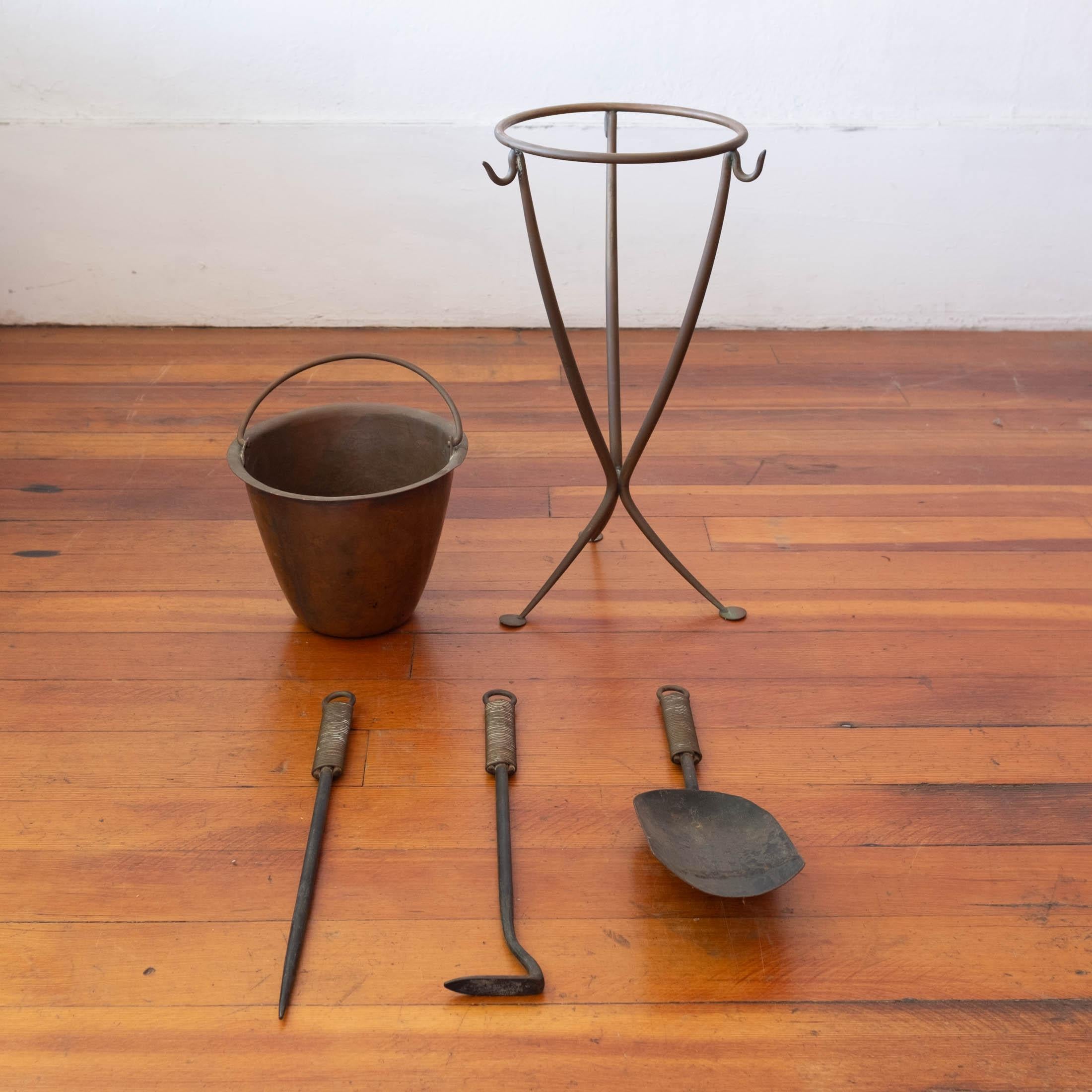 Mid-Century Modern Modernist Bronze Fireplace Tool Set with Hand Hammered Ash Bucket