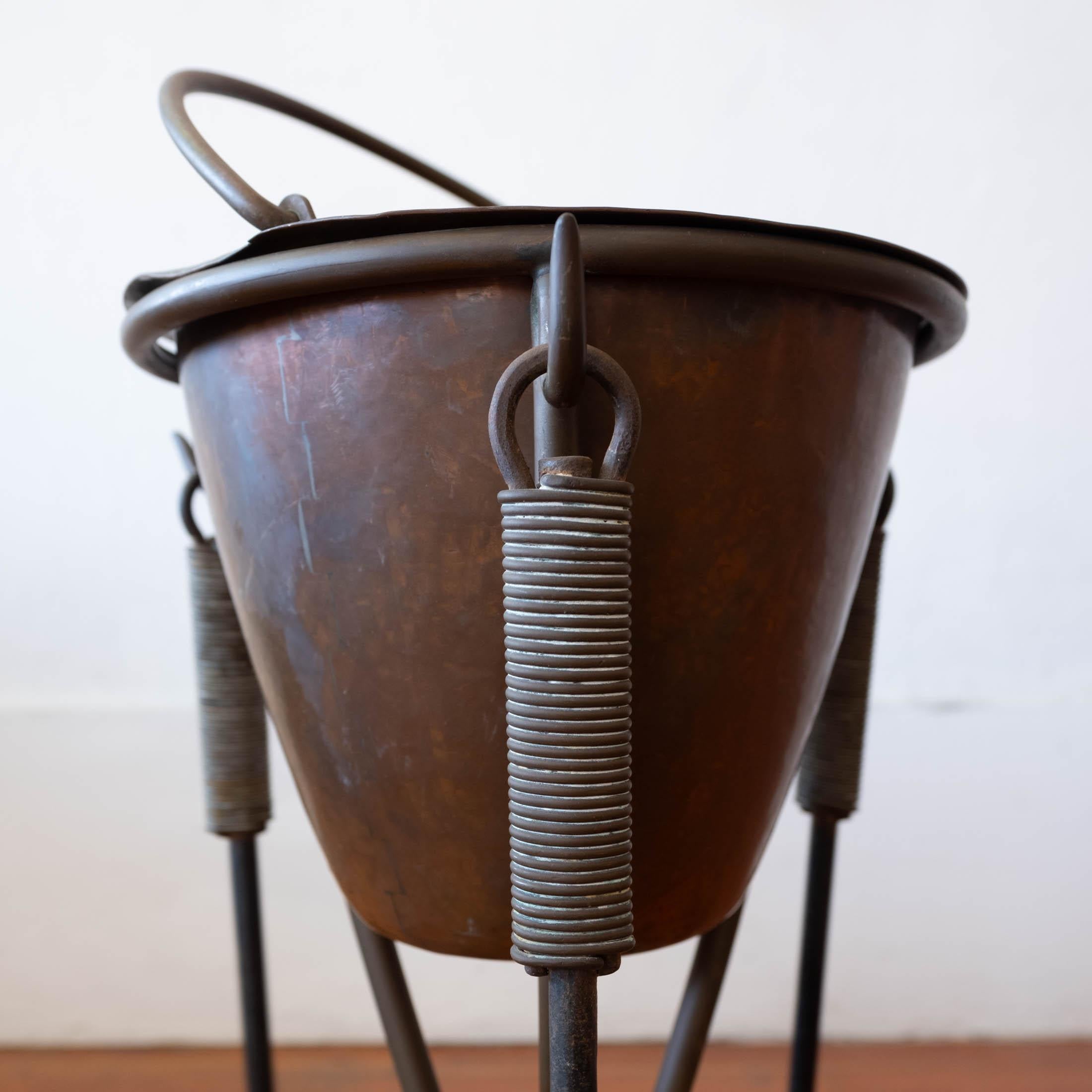 Unknown Modernist Bronze Fireplace Tool Set with Hand Hammered Ash Bucket