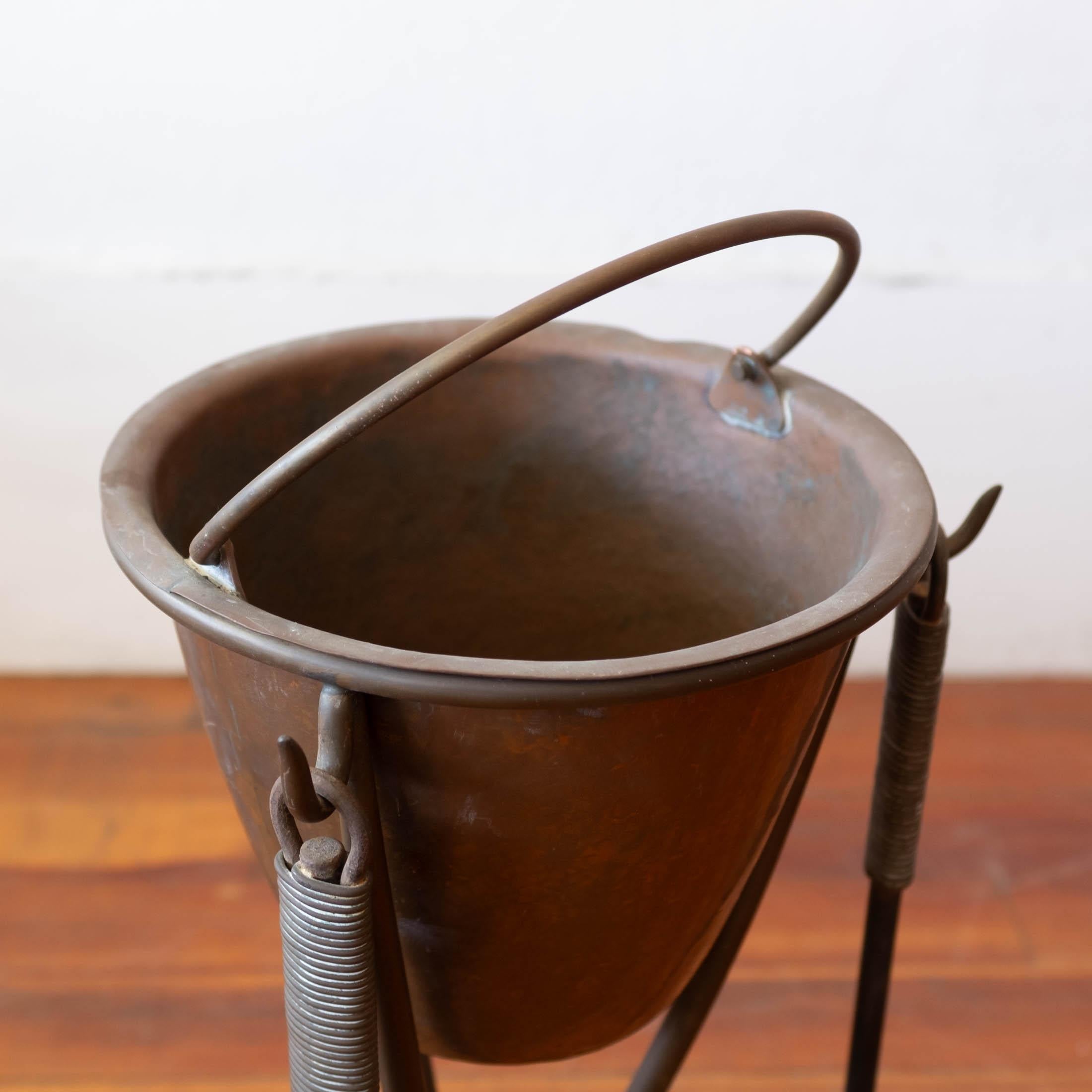 Mid-20th Century Modernist Bronze Fireplace Tool Set with Hand Hammered Ash Bucket