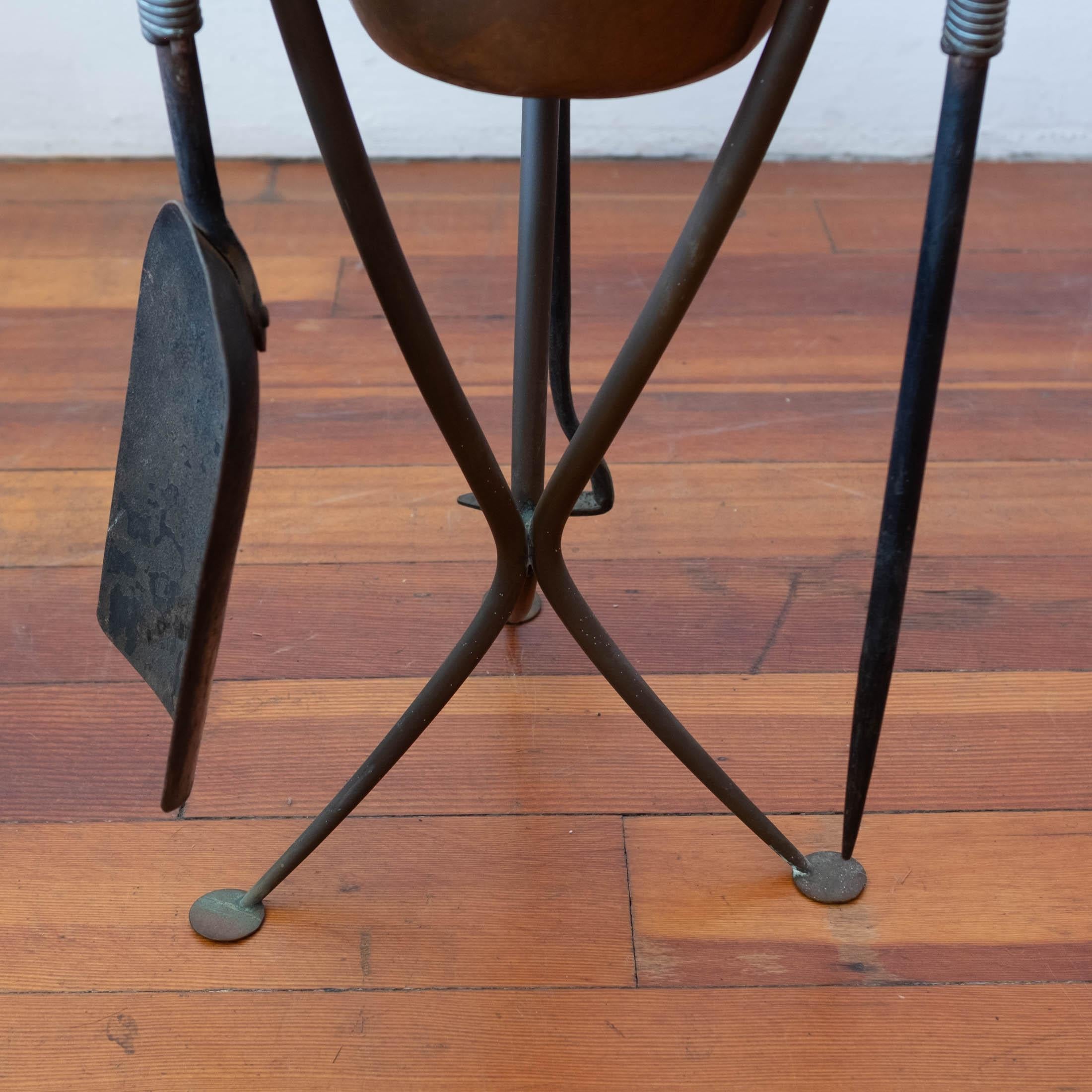 Modernist Bronze Fireplace Tool Set with Hand Hammered Ash Bucket 1