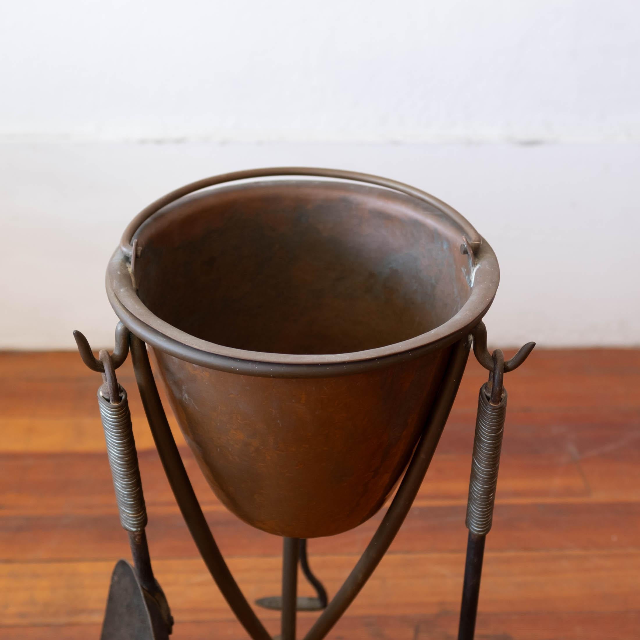 Modernist Bronze Fireplace Tool Set with Hand Hammered Ash Bucket 2