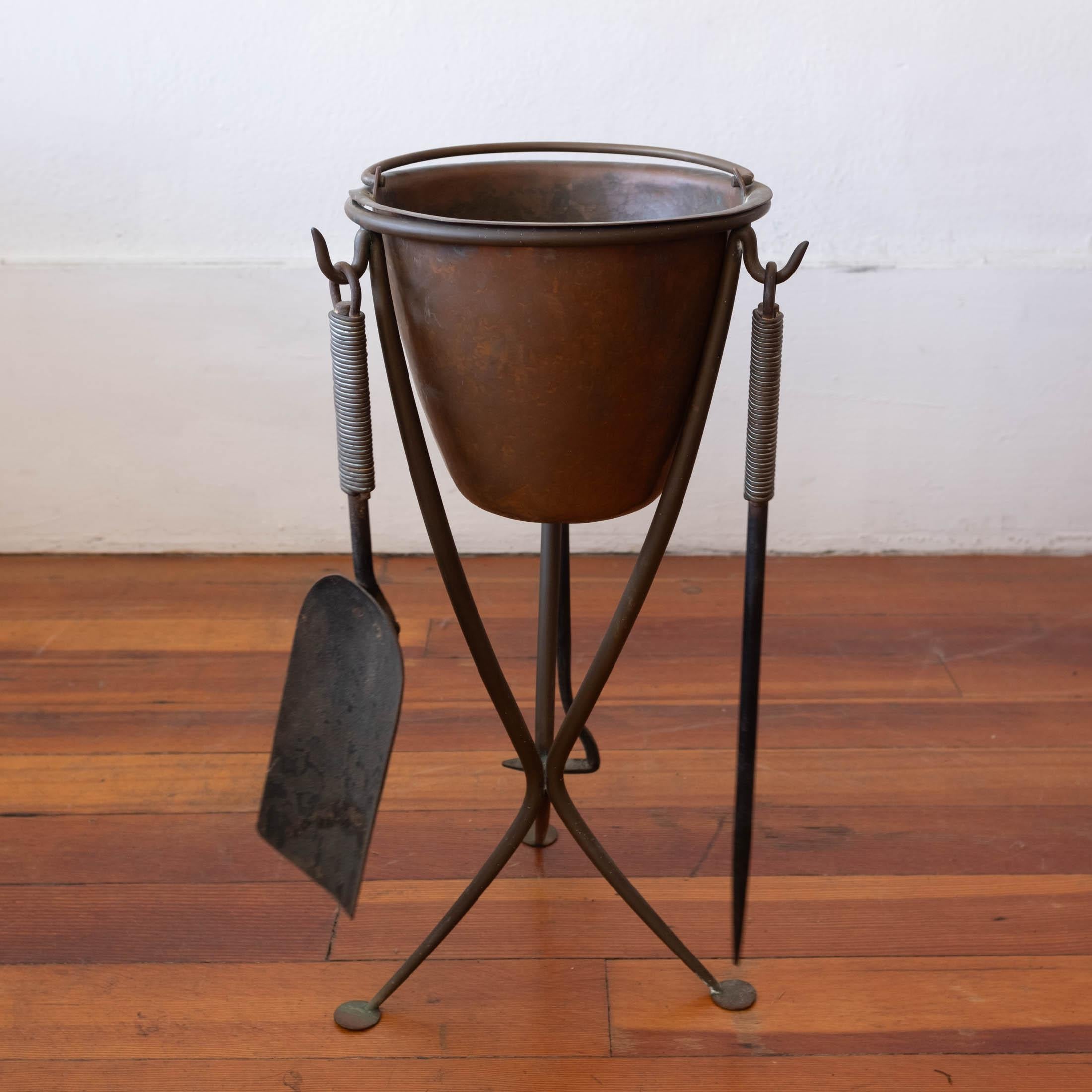 Modernist Bronze Fireplace Tool Set with Hand Hammered Ash Bucket 3