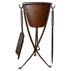 Modernist Bronze Fireplace Tool Set with Hand Hammered Ash Bucket
