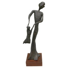 Modernist Bronze Over Metal Welded Abstract Mother & Child Sculpture by Burry