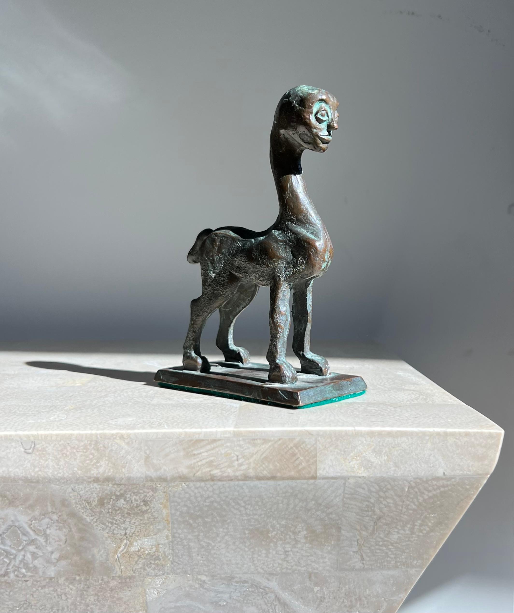 A rare and valuable modernist sculpture of a centaur, 20th century. Hand carved out of solid bronze with felted base. D’après Picasso with clear influence from Giacometti and Henry Moore, this piece is unsigned but rife with artistic merit. Note the