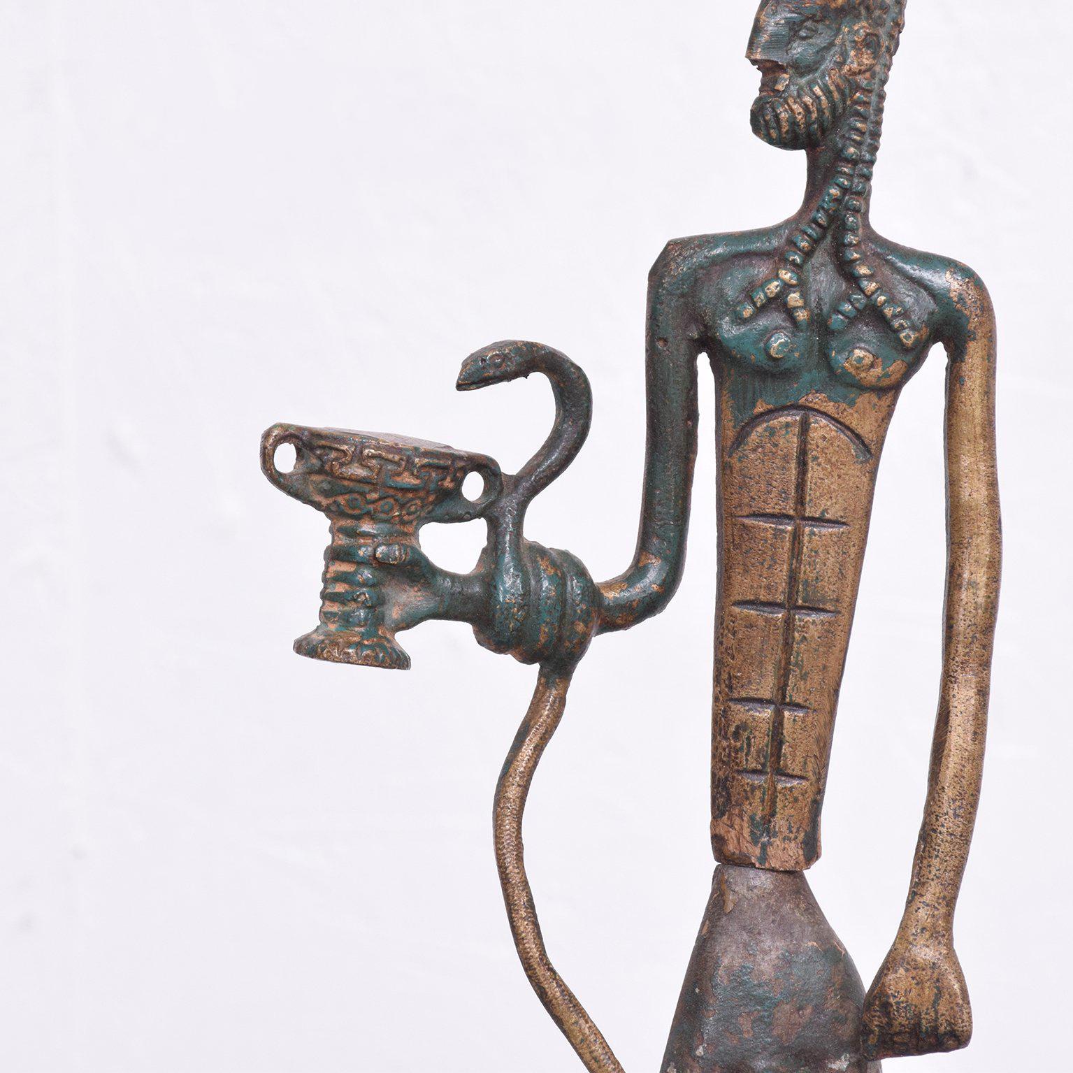 Mid-20th Century Modernist Bronze Sculpture Sumerian God with Snake and Cup