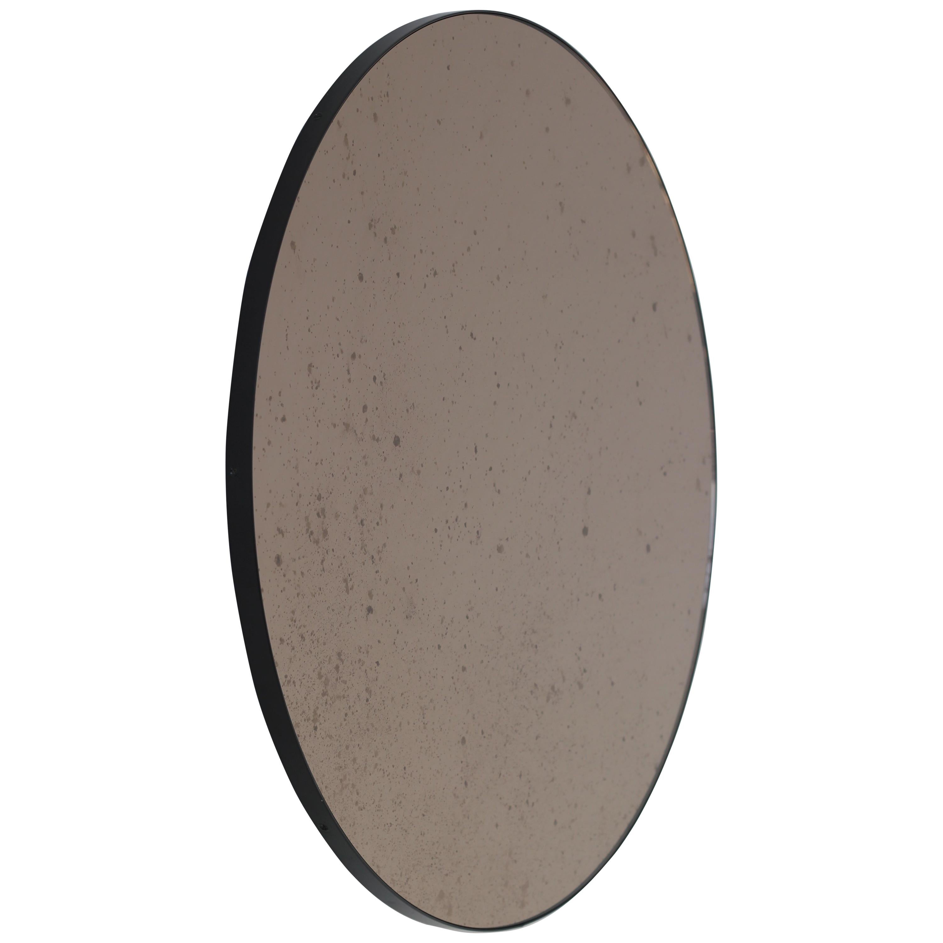 Orbis Round Bronze Antiqued Modernist Bespoke Mirror with Black Frame - Medium