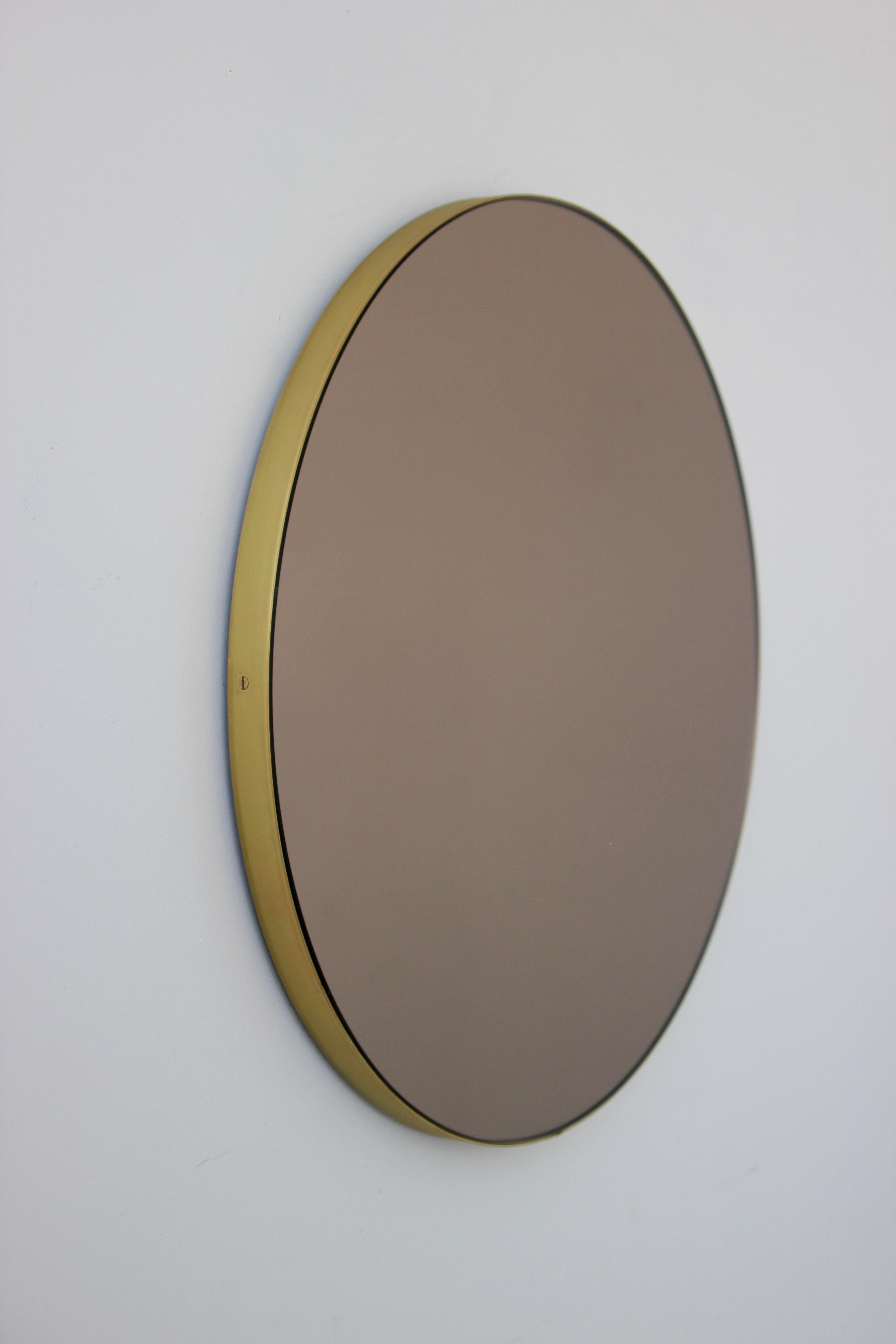 Brushed Orbis Bronze Tinted Modern Round Mirror with Brass Frame, XL For Sale