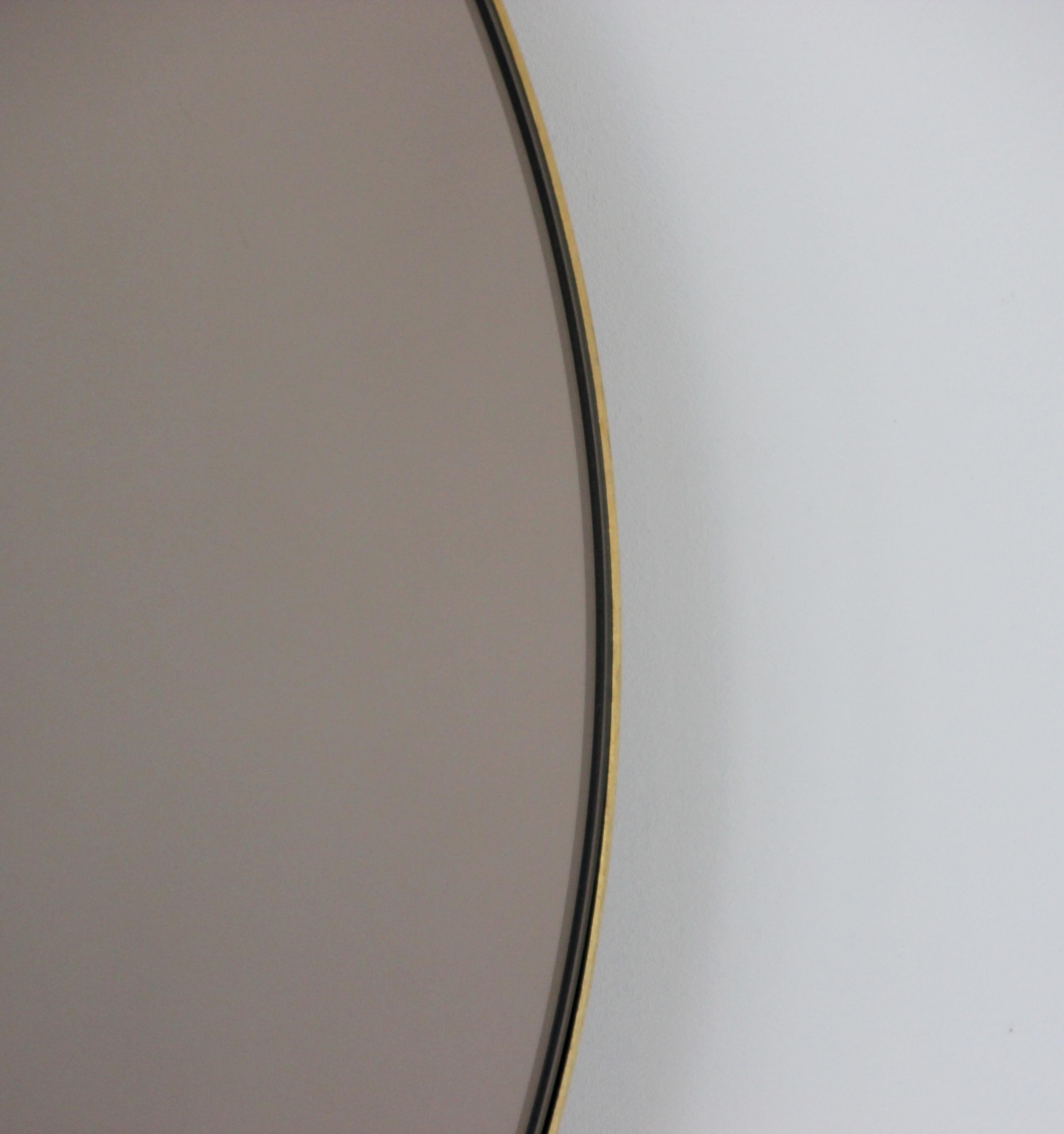 Orbis Bronze Tinted Modern Round Mirror with Brass Frame, XL For Sale 1