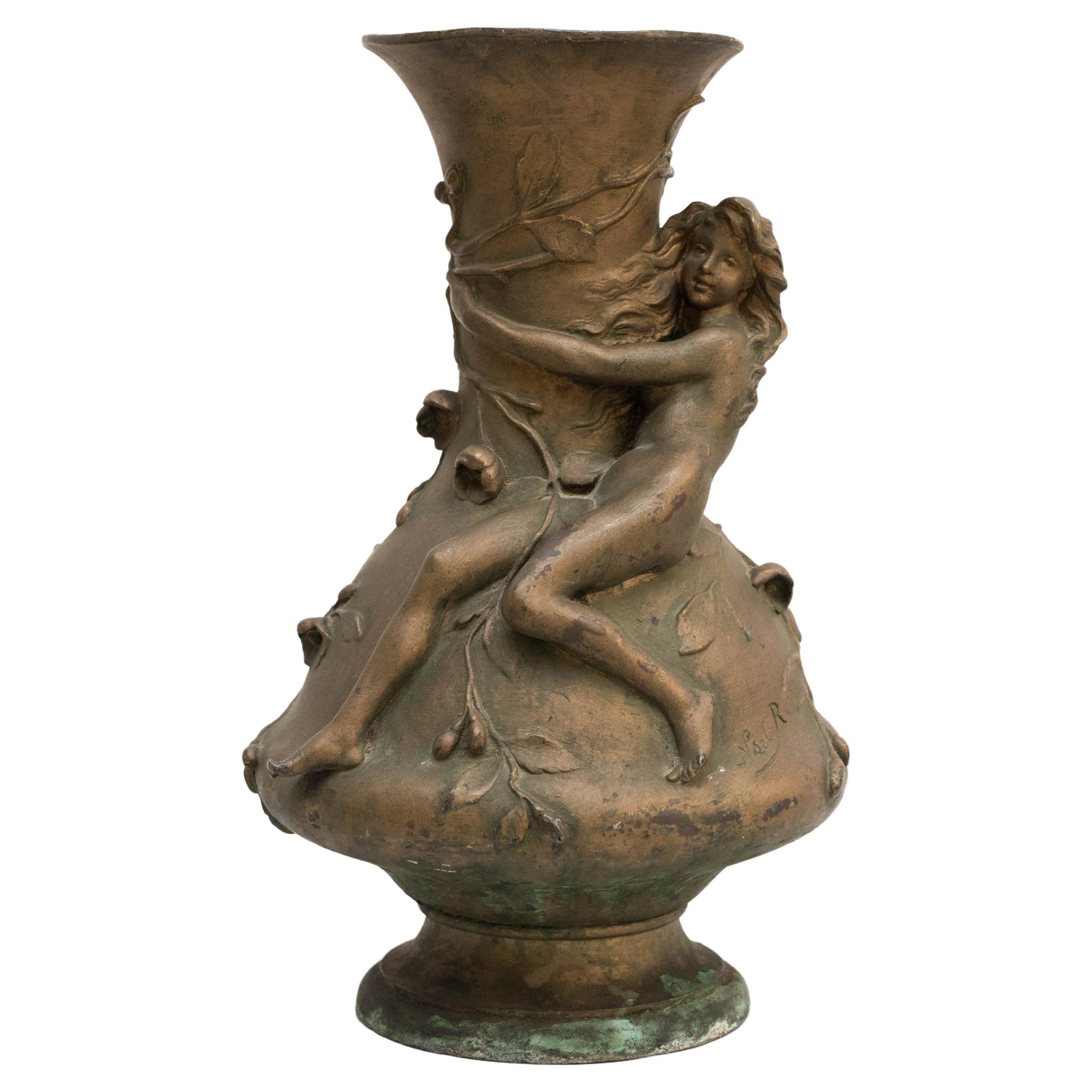 Modernist Bronze Vase by Noel R. in a Wooden Stand, circa 1920