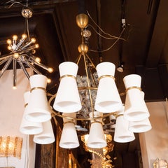 Modernist Brushed Brass Circular Chandelier with Stilnovo Style Linen Shades