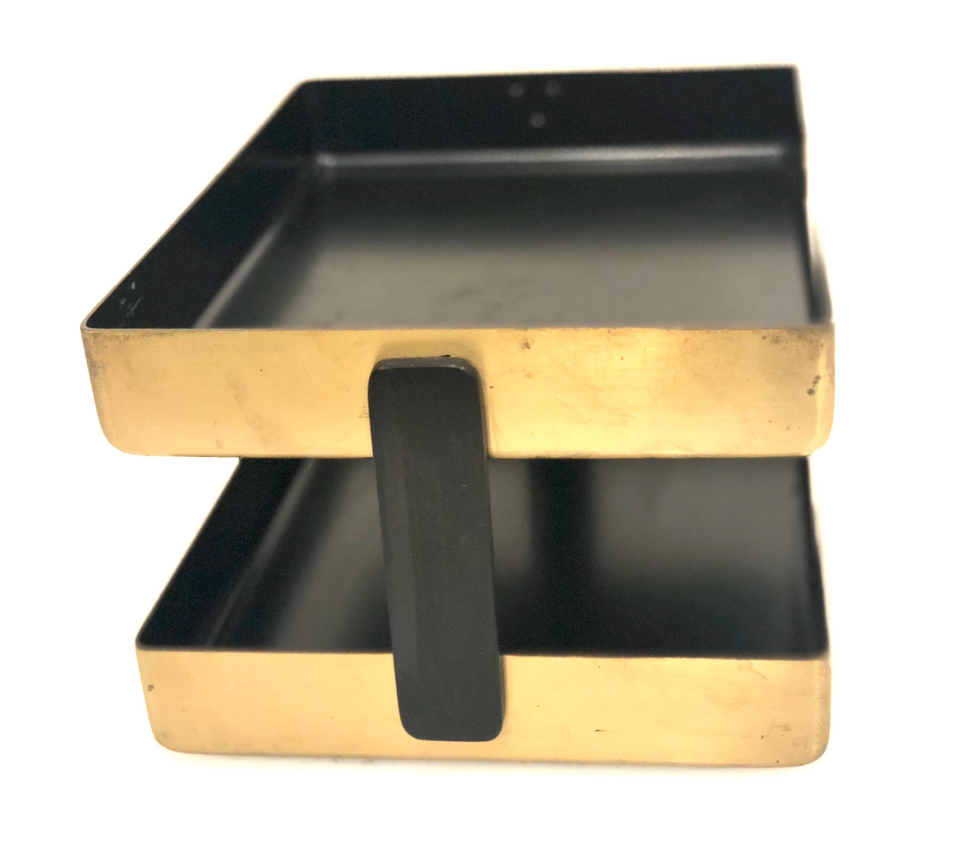 Double letter tray in brushed brass finish with black enamel lining by Metcor. Very nice accent to any executives desk! California design.