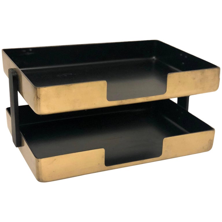 Modernist Brushed Brass Double Letter Tray Paper Holder at 1stDibs