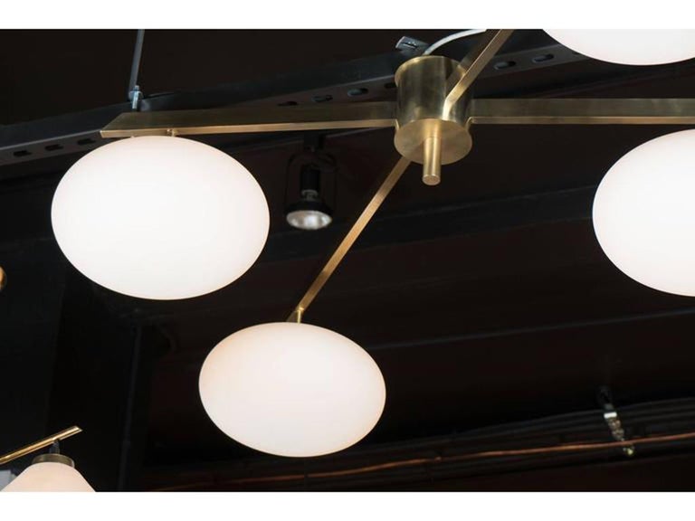 Modernist Brushed Brass & Frosted Glass 4-Arm Globe Chandelier For Sale 2