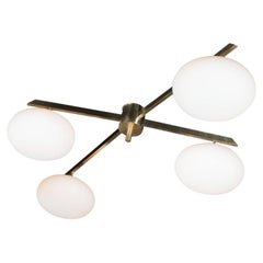 Modernist Brushed Brass & Frosted Glass 4-Arm Globe Chandelier