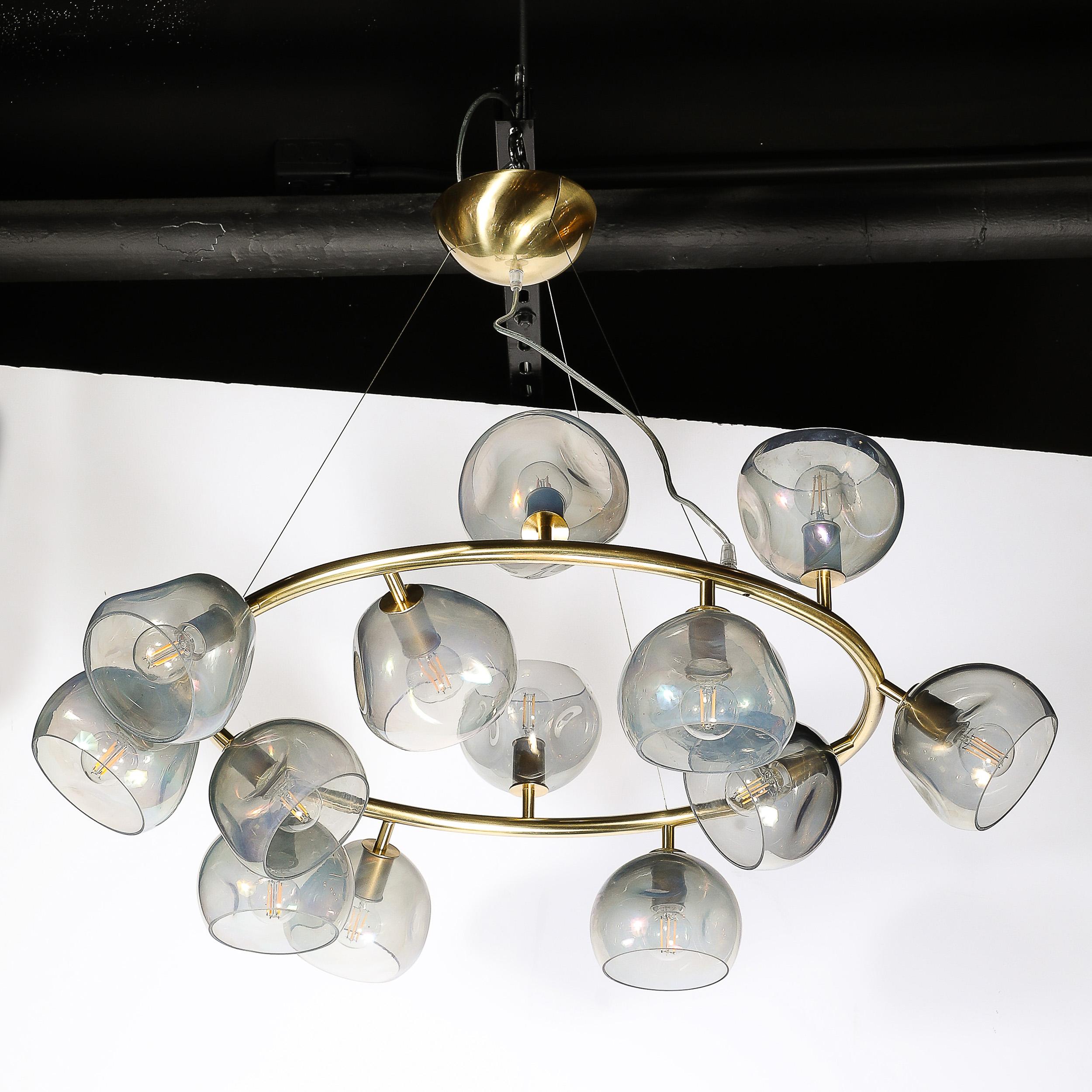 Modernist Brushed Brass & Smoked Organic Hand-Blown Murano Glass Chandelier For Sale 6