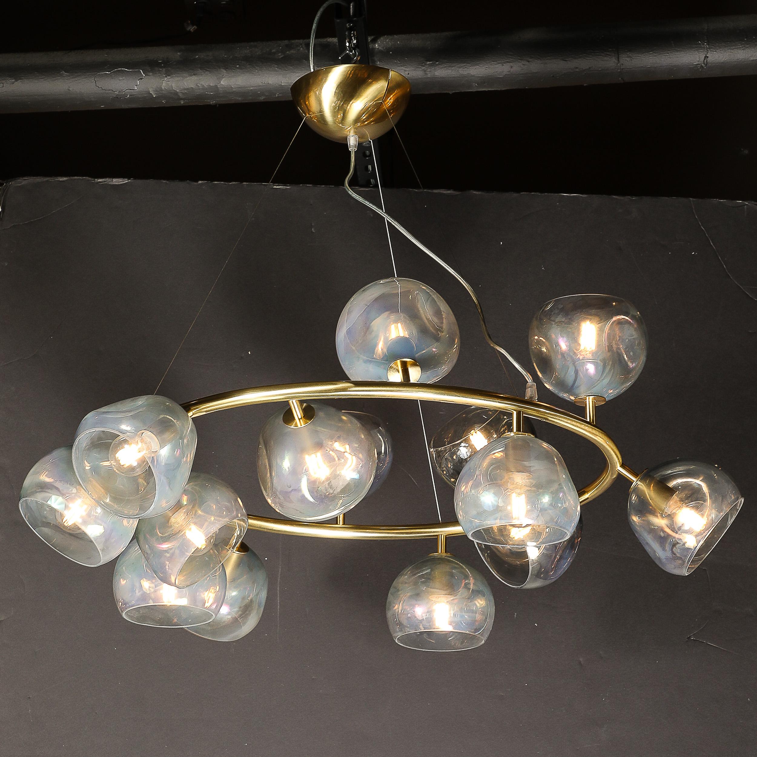 Modernist Brushed Brass & Smoked Organic Hand-Blown Murano Glass Chandelier For Sale 7