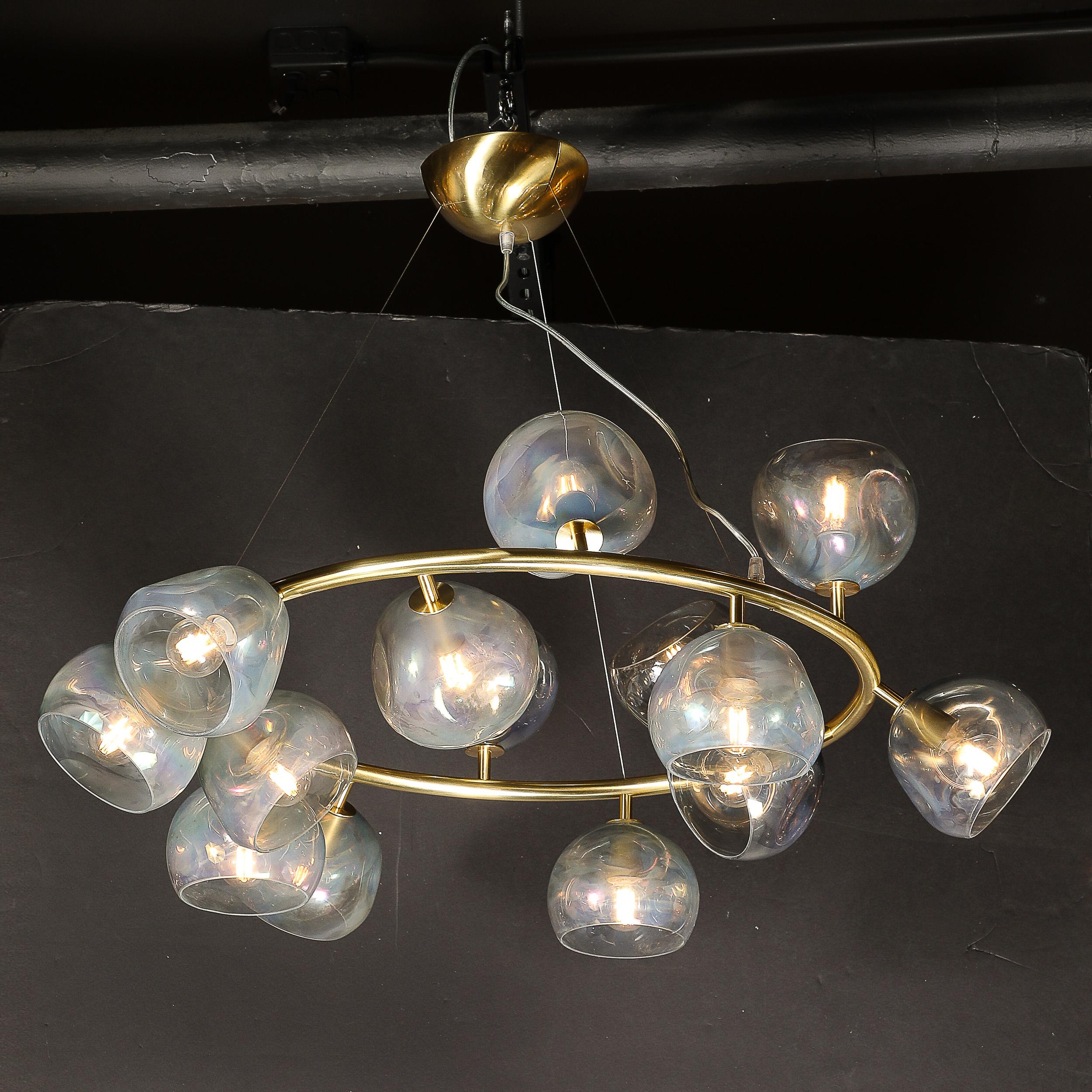 Modernist Brushed Brass & Smoked Organic Hand-Blown Murano Glass Chandelier For Sale 8