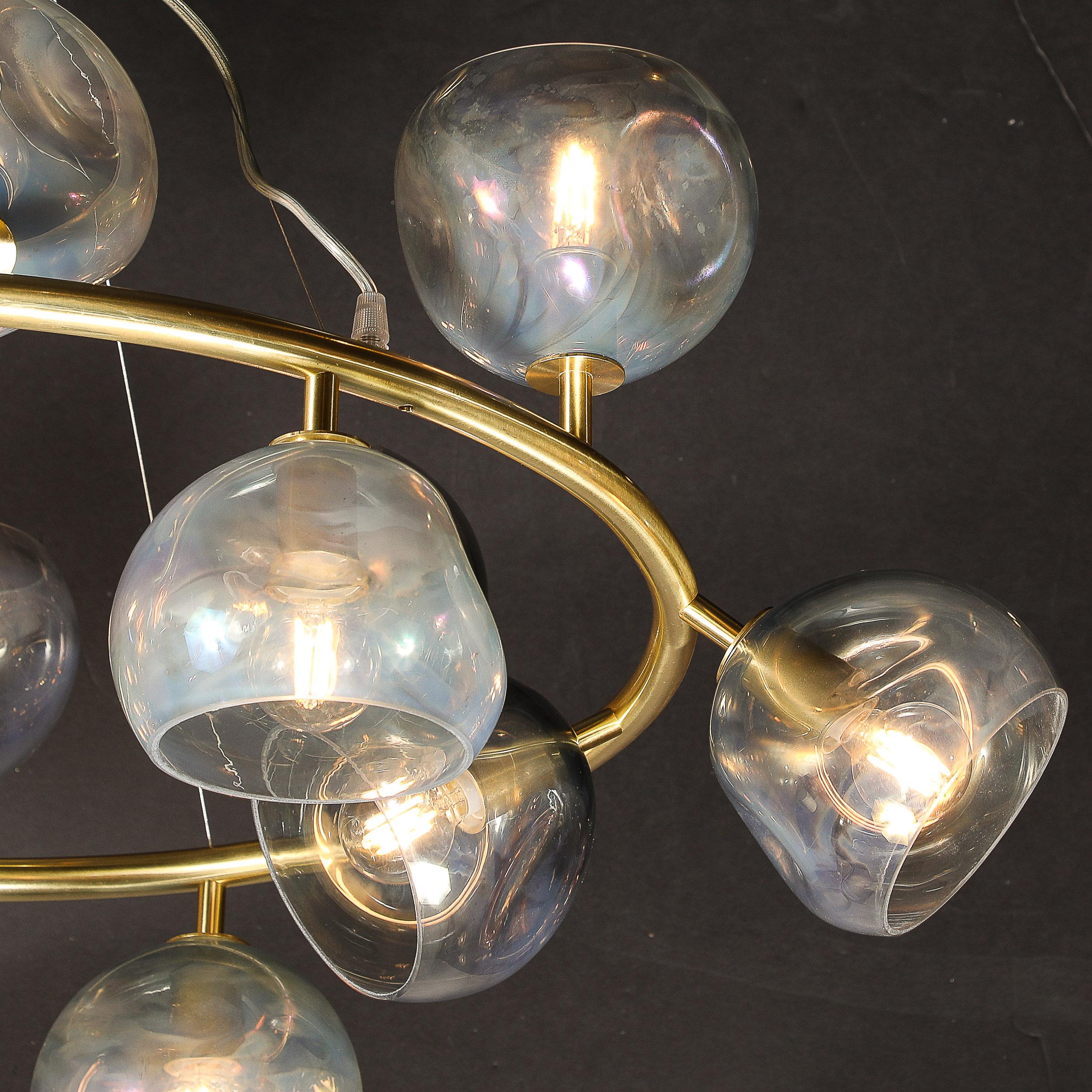 Modernist Brushed Brass & Smoked Organic Hand-Blown Murano Glass Chandelier For Sale 9