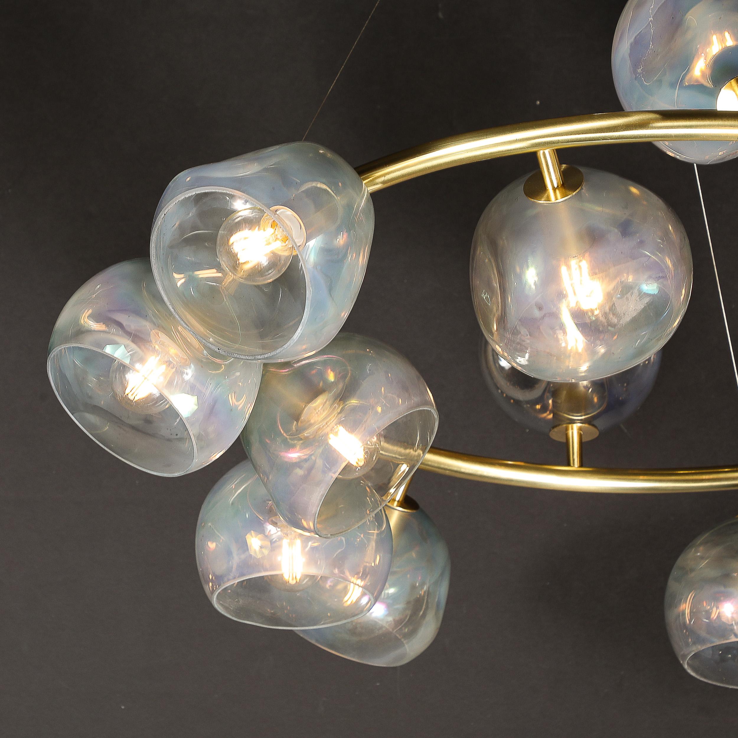 Modernist Brushed Brass & Smoked Organic Hand-Blown Murano Glass Chandelier For Sale 10