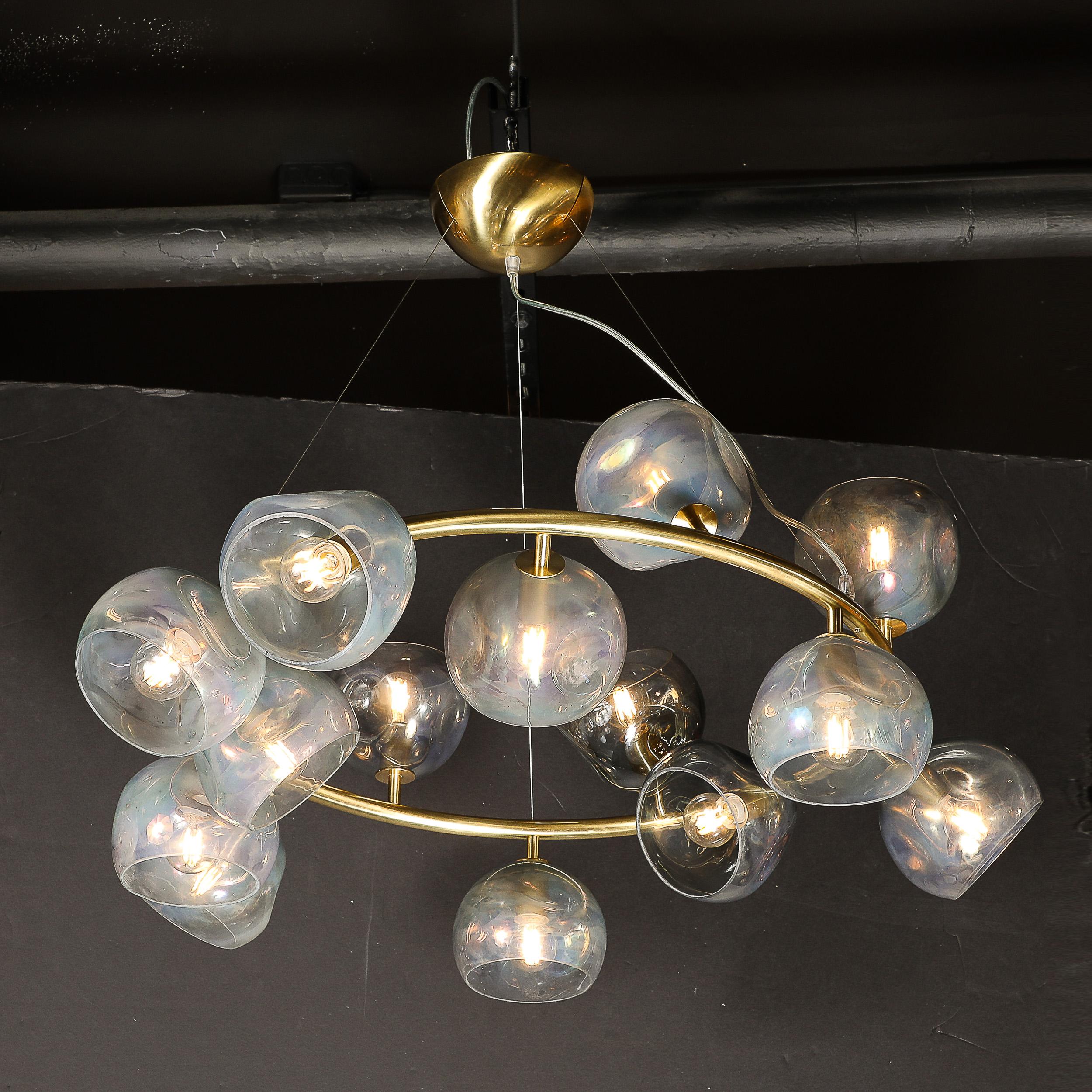 Modernist Brushed Brass & Smoked Organic Hand-Blown Murano Glass Chandelier For Sale 11