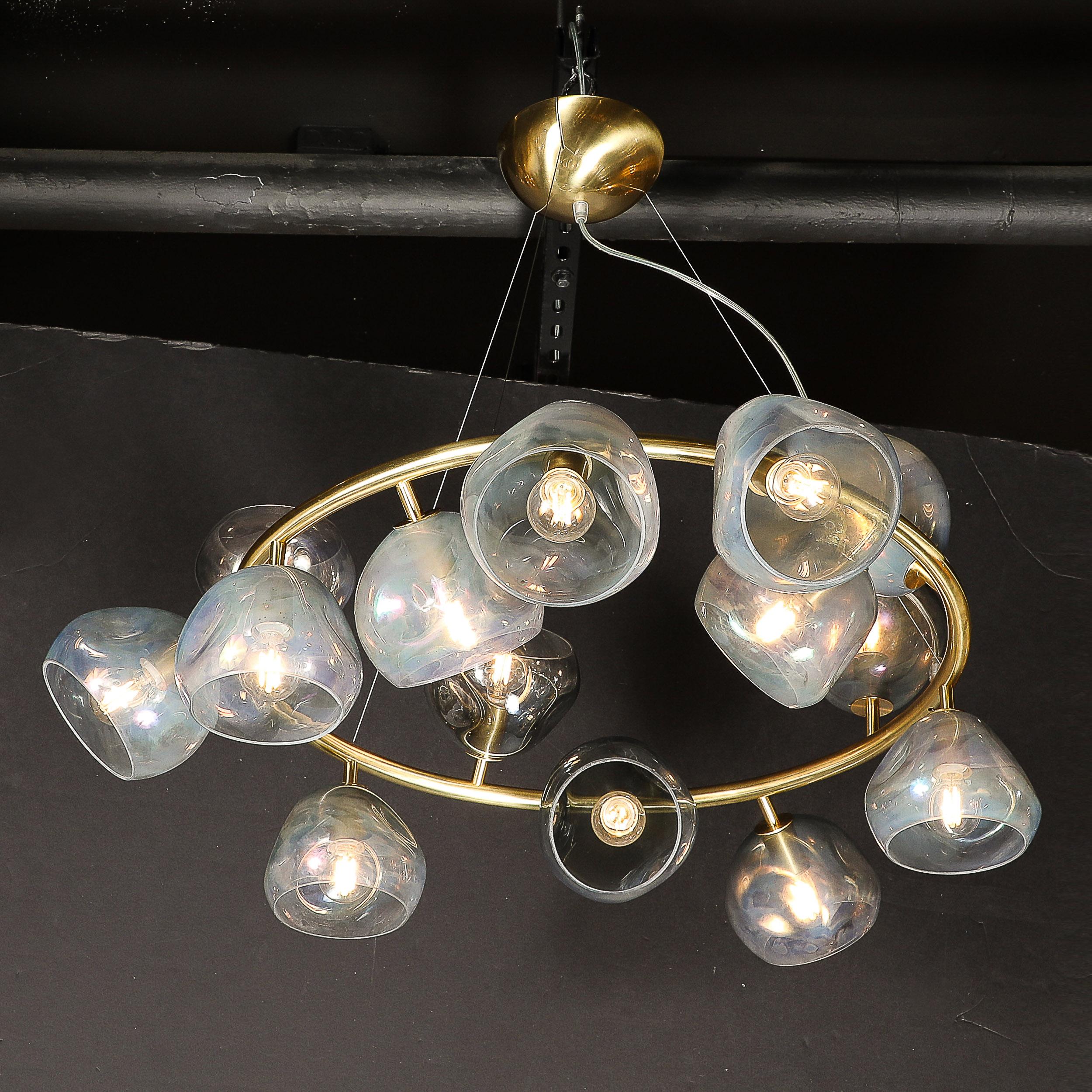 Modernist Brushed Brass & Smoked Organic Hand-Blown Murano Glass Chandelier For Sale 12