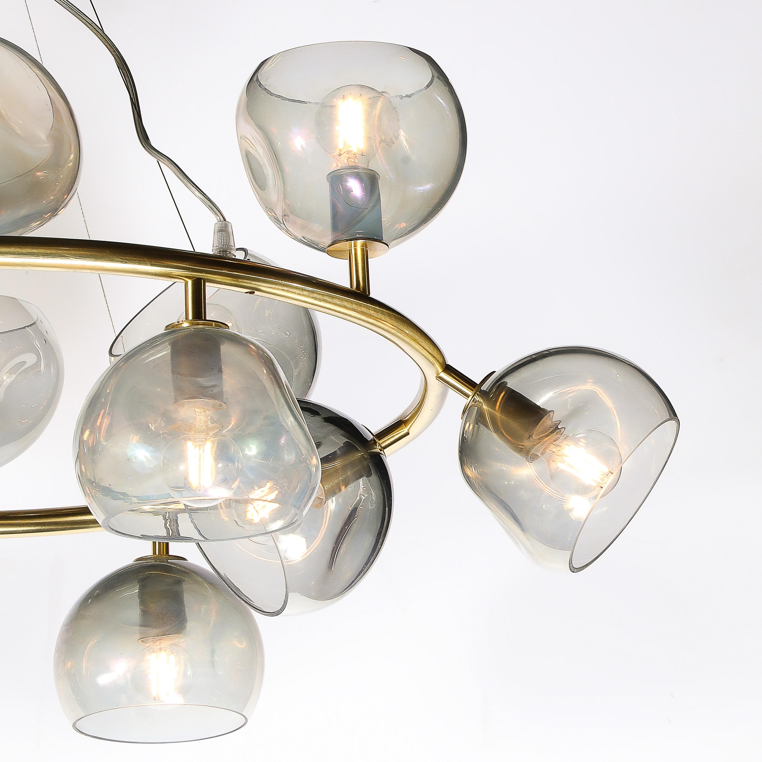Italian Modernist Brushed Brass & Smoked Organic Hand-Blown Murano Glass Chandelier For Sale