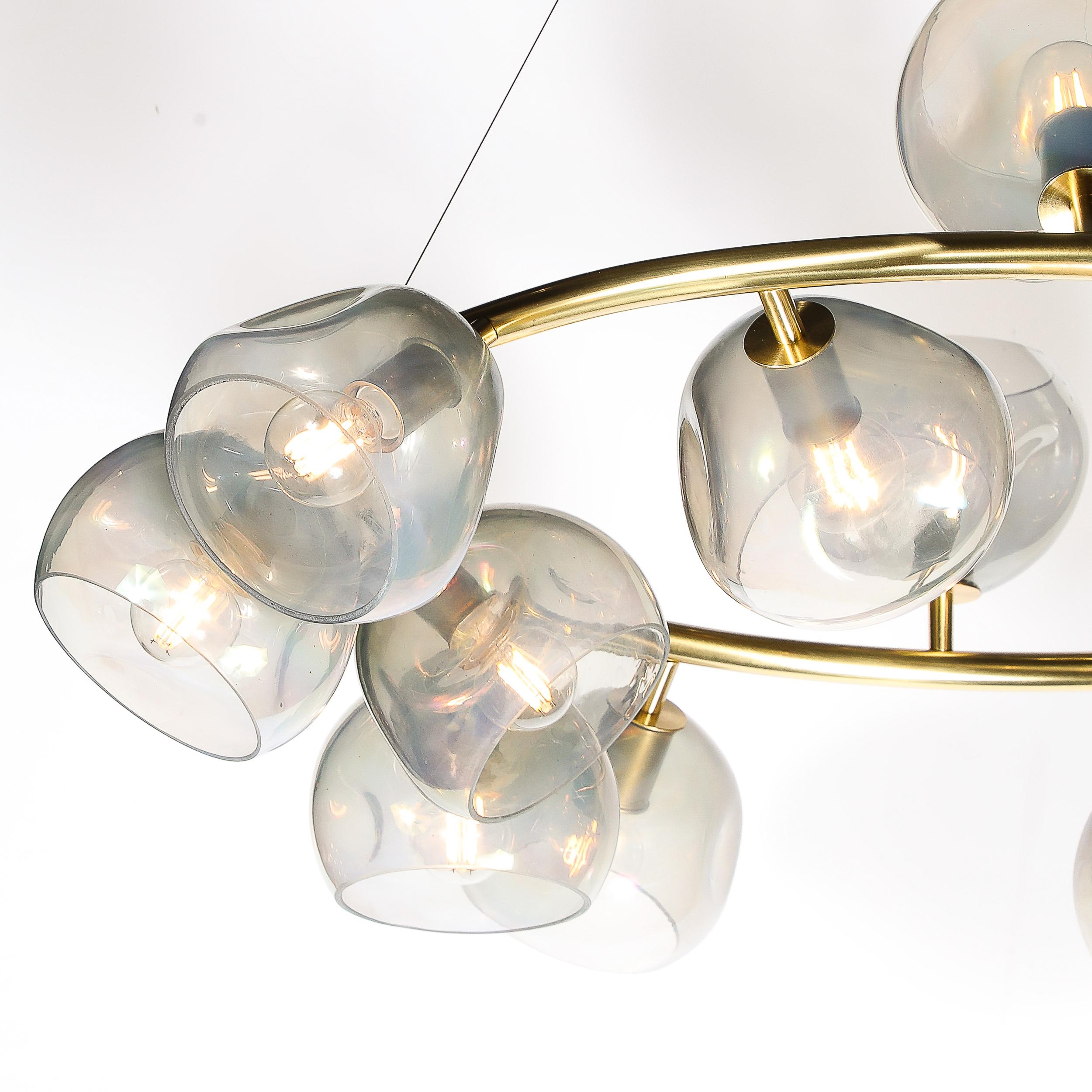 Modernist Brushed Brass & Smoked Organic Hand-Blown Murano Glass Chandelier In New Condition For Sale In New York, NY