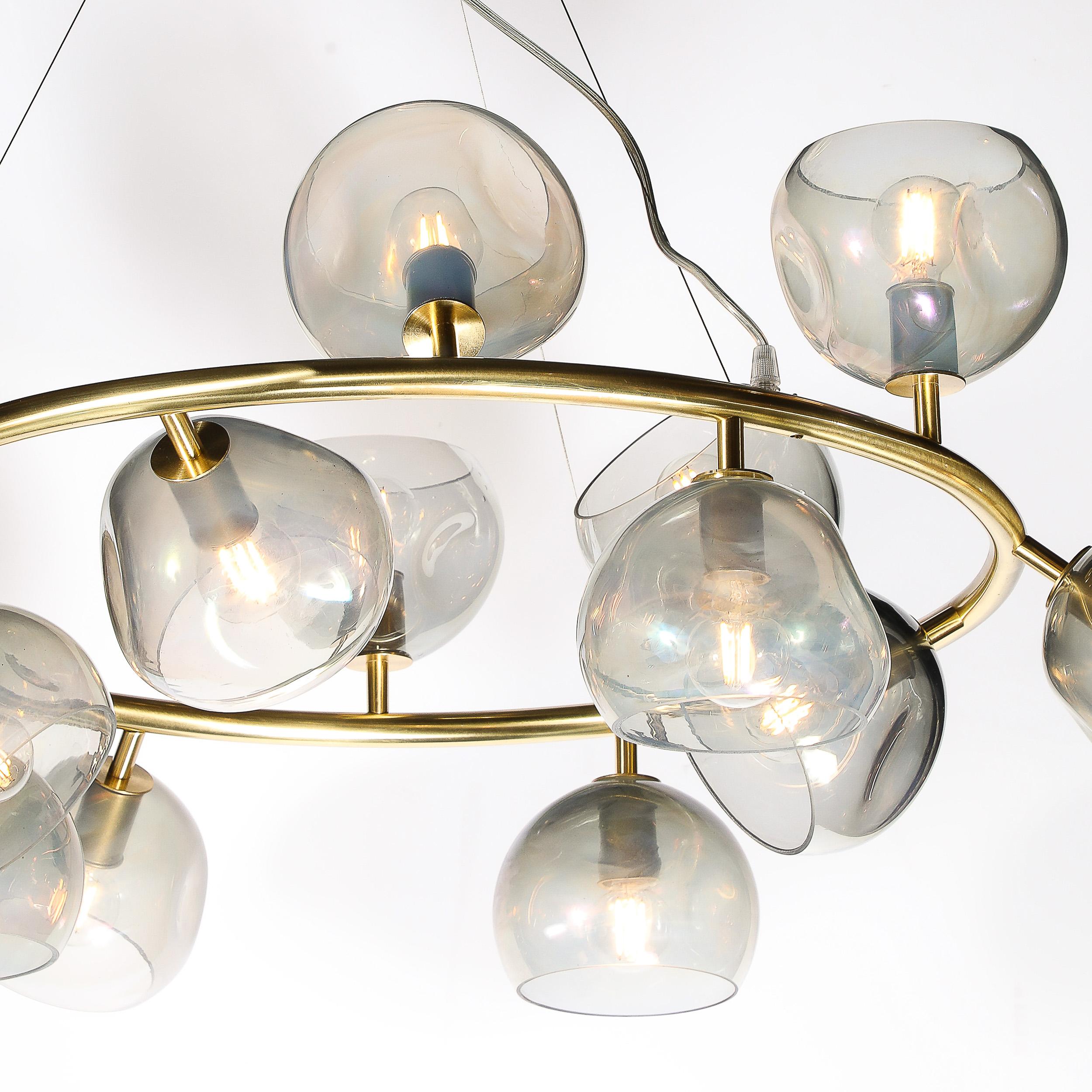Contemporary Modernist Brushed Brass & Smoked Organic Hand-Blown Murano Glass Chandelier For Sale
