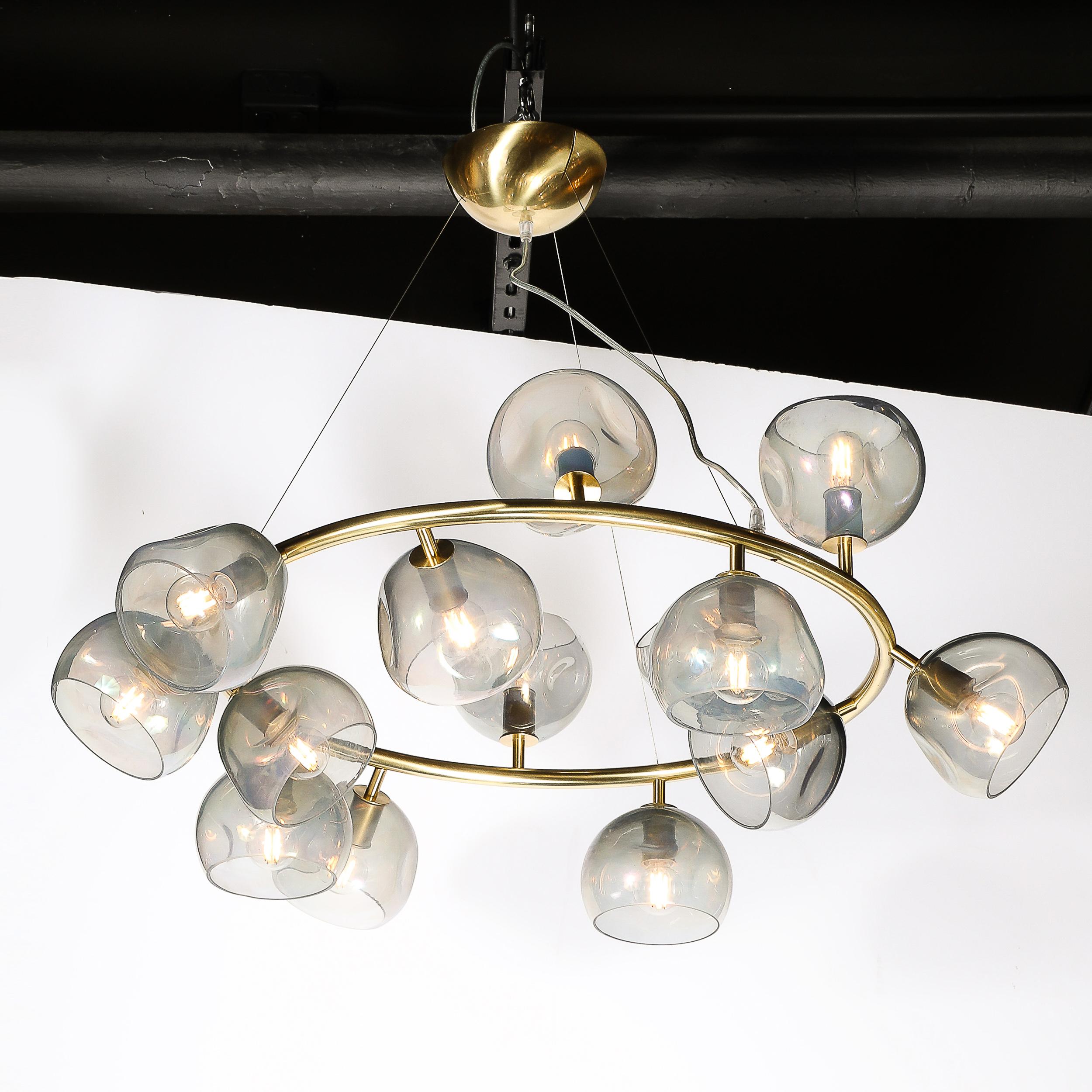 Modernist Brushed Brass & Smoked Organic Hand-Blown Murano Glass Chandelier For Sale 1