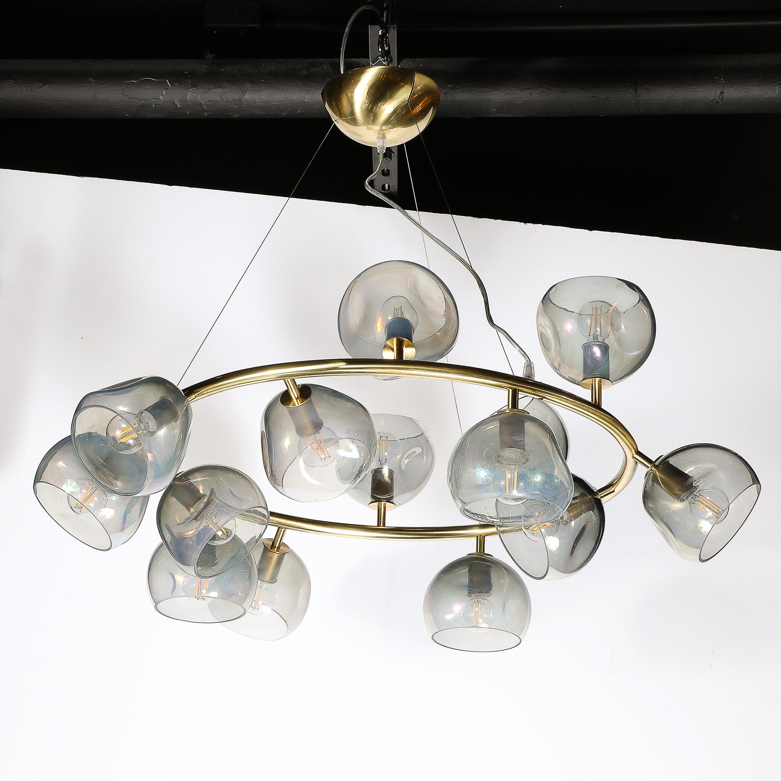 Modernist Brushed Brass & Smoked Organic Hand-Blown Murano Glass Chandelier For Sale 2