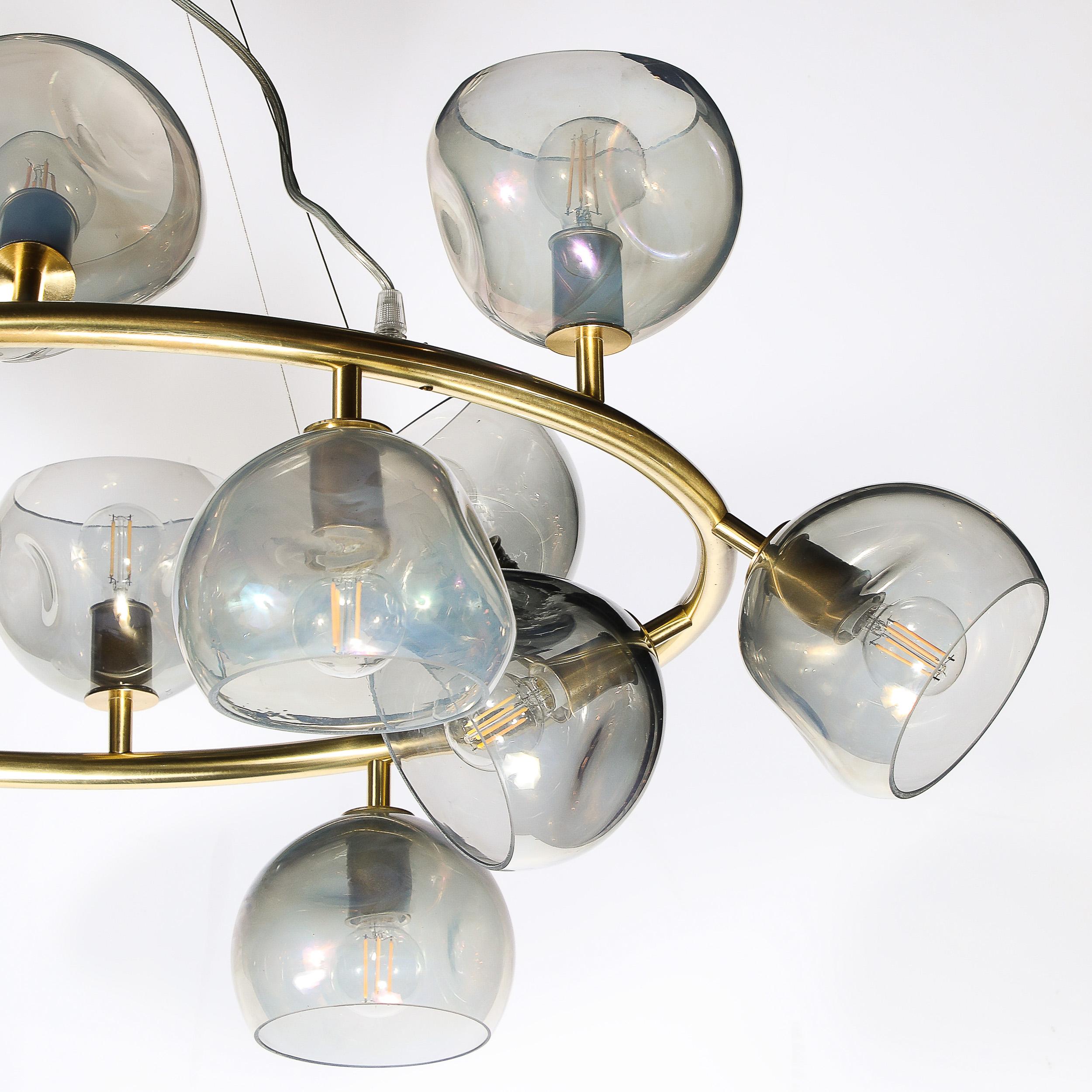 Modernist Brushed Brass & Smoked Organic Hand-Blown Murano Glass Chandelier For Sale 3