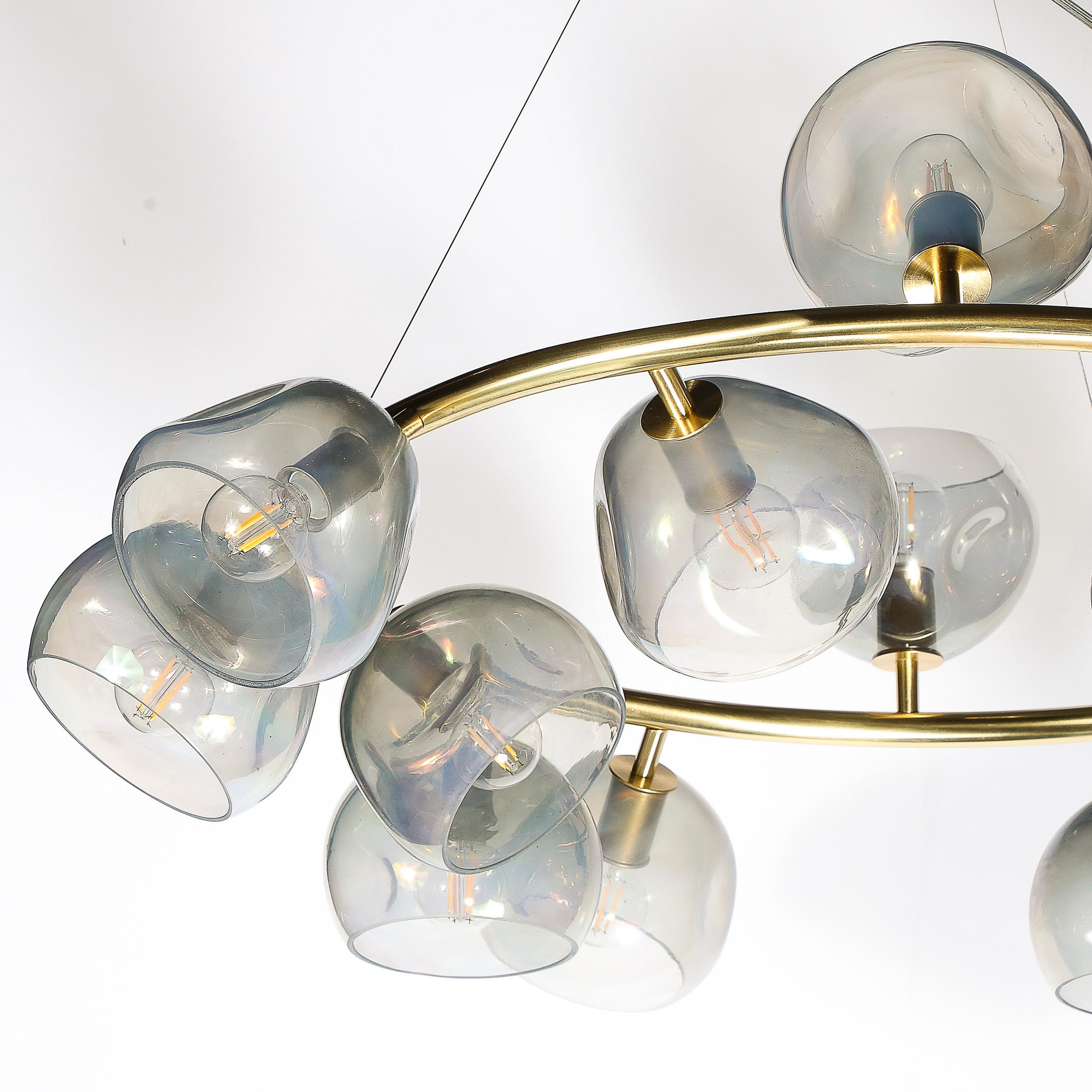 Modernist Brushed Brass & Smoked Organic Hand-Blown Murano Glass Chandelier For Sale 4