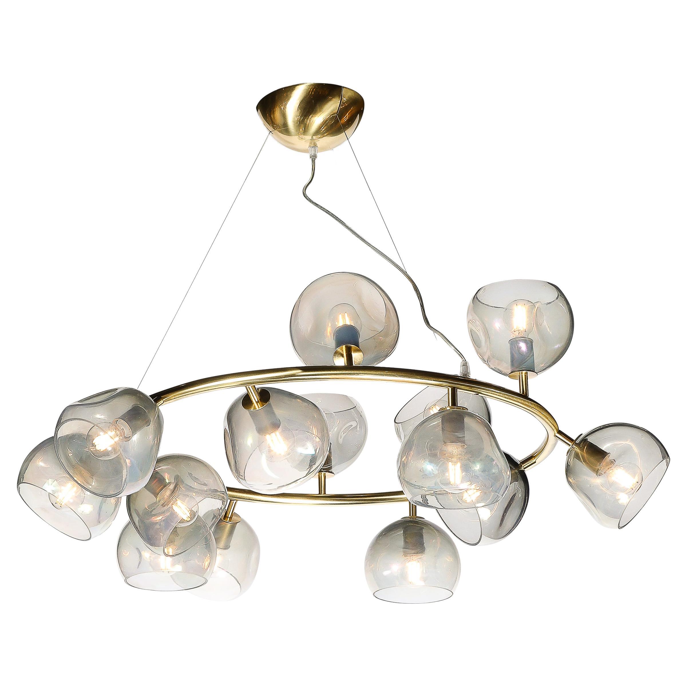 Modernist Brushed Brass & Smoked Organic Hand-Blown Murano Glass Chandelier For Sale