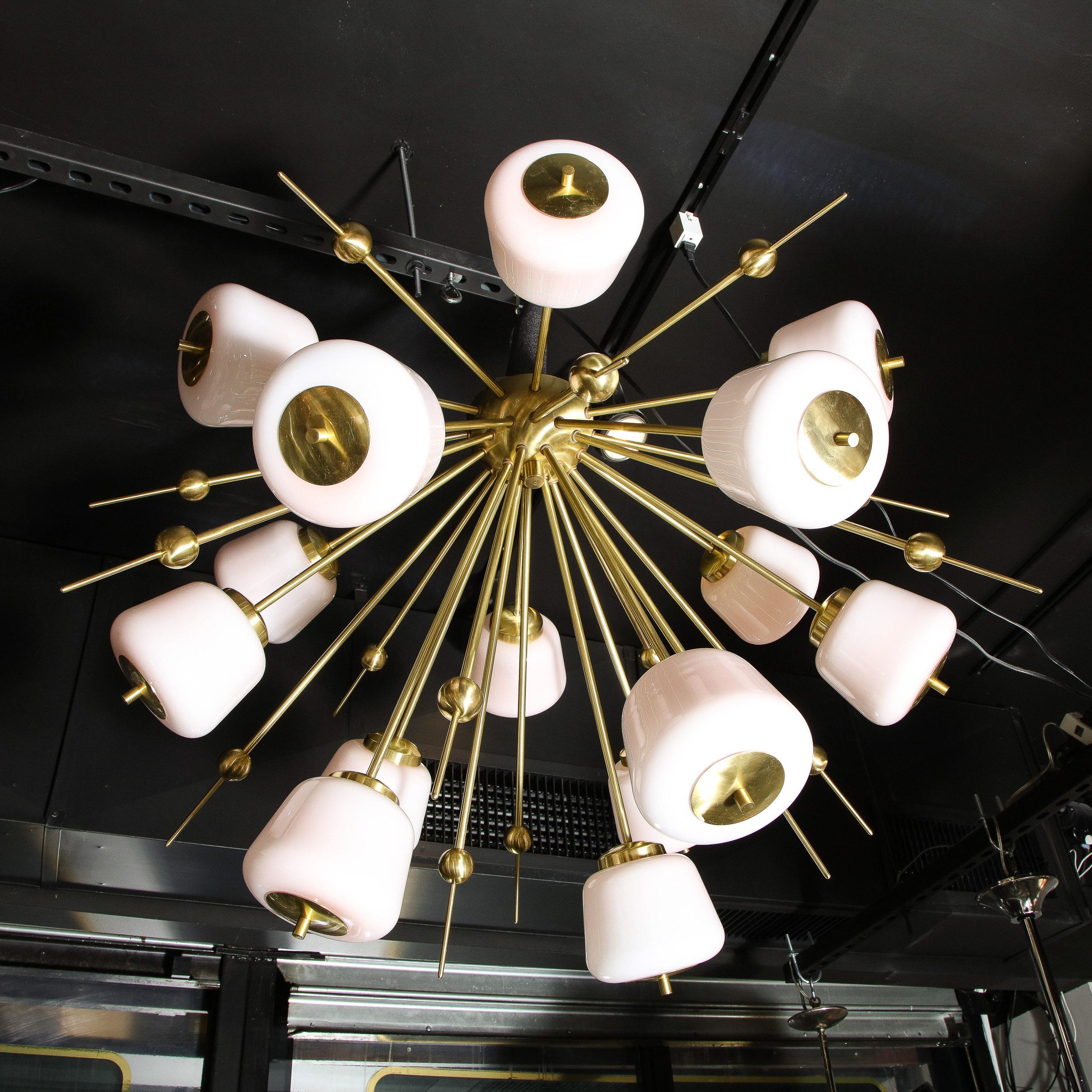Modernist Brushed Brass & White Murano Glass Sputnik Flush Mount Chandelier For Sale 5