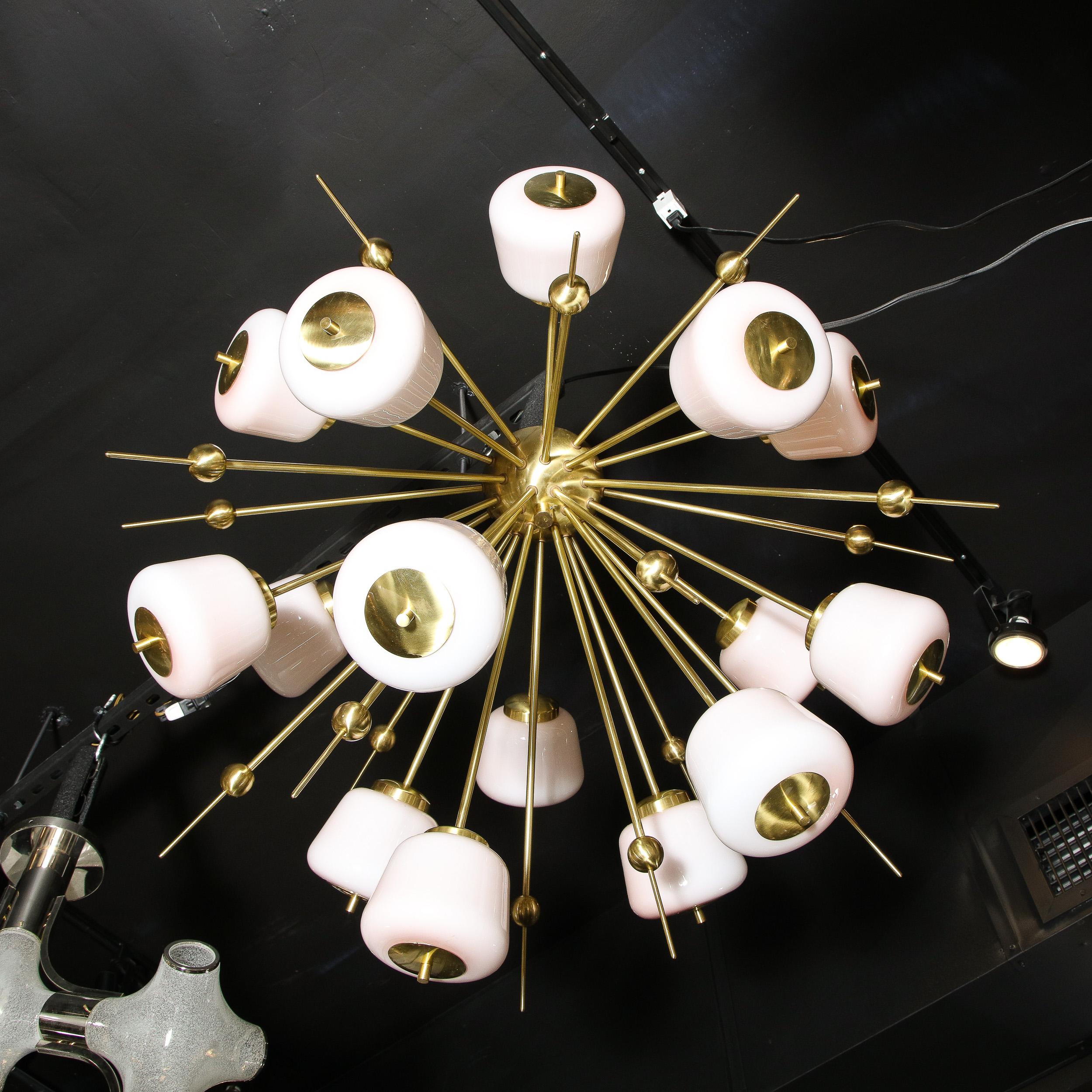 Modernist Brushed Brass & White Murano Glass Sputnik Flush Mount Chandelier For Sale 7