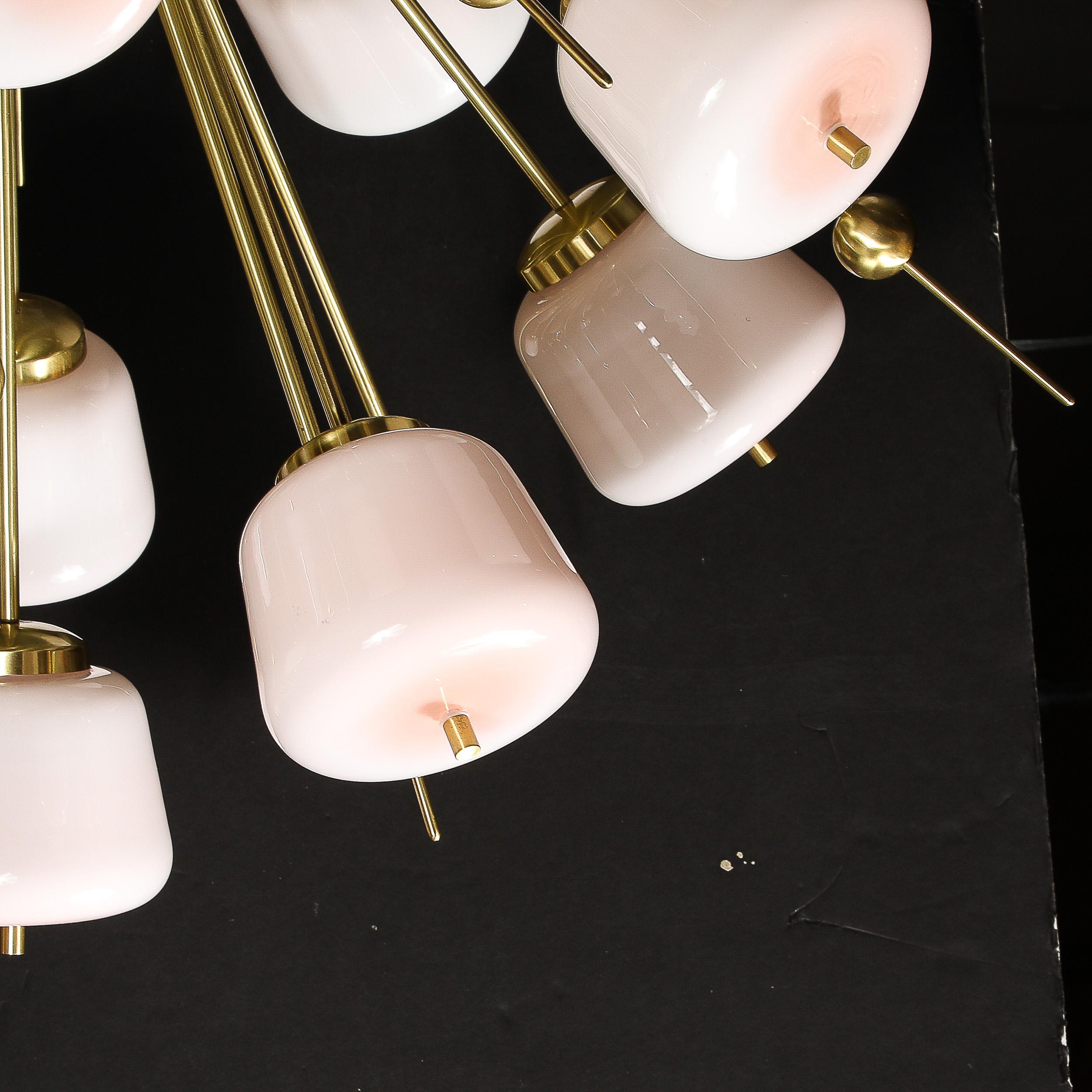 Lustre Sputnik moderniste en laiton brossé et verre de Murano blanc en vente 8