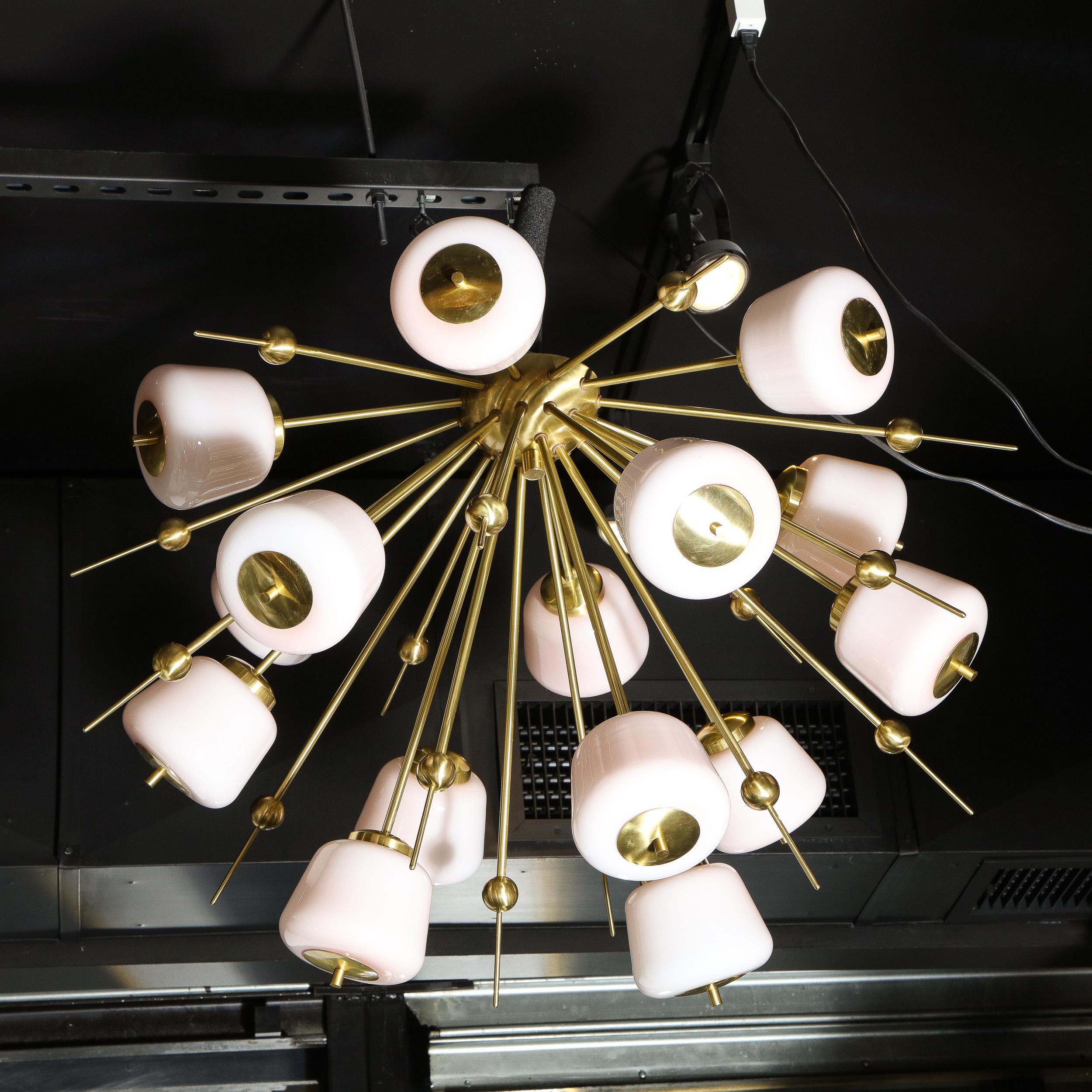 This graphic and sophisticated modernist flush mount chandelier was realized in Murano, Italy- the island off the coast of Venice renowned for centuries for its superlative glass production. It features a half spherical canopy that supports an