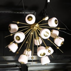 Modernist Brushed Brass & White Murano Glass Sputnik Flush Mount Chandelier