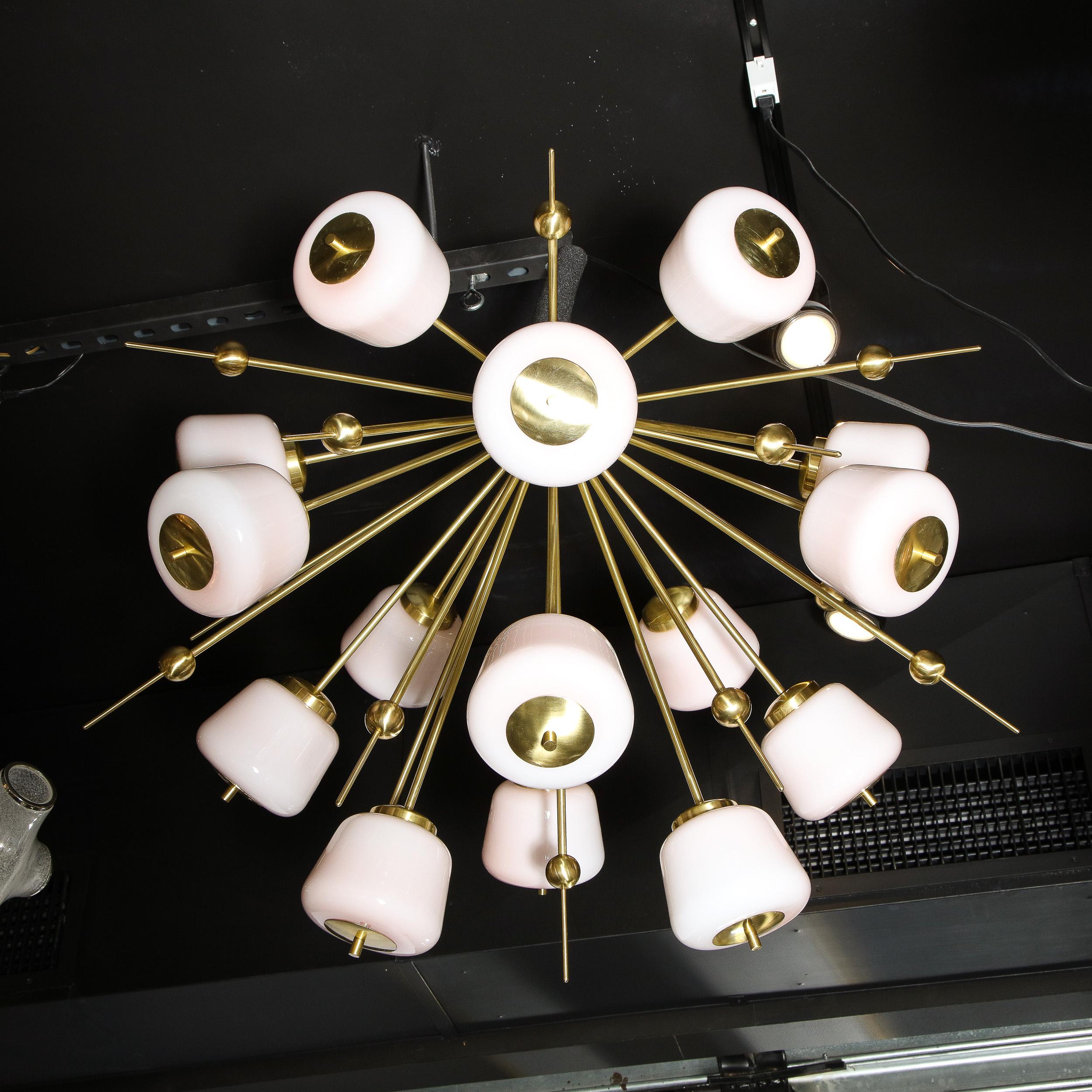 Contemporary Modernist Brushed Brass & White Murano Glass Sputnik Flush Mount Chandelier For Sale