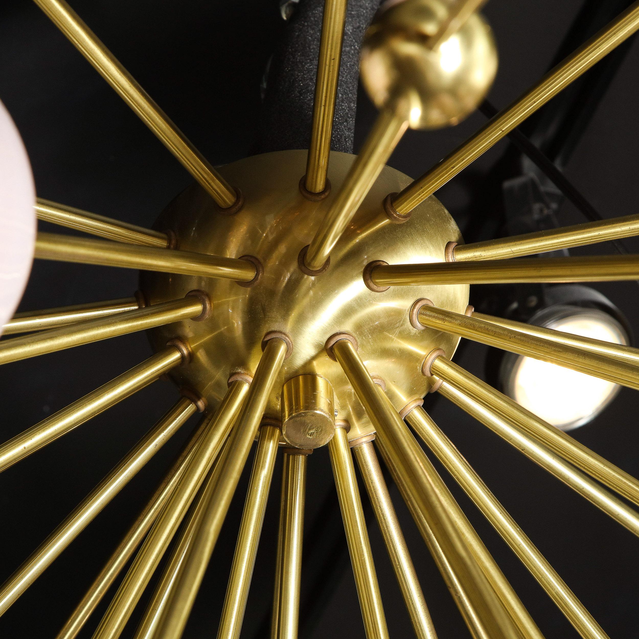 Modernist Brushed Brass & White Murano Glass Sputnik Flush Mount Chandelier For Sale 1