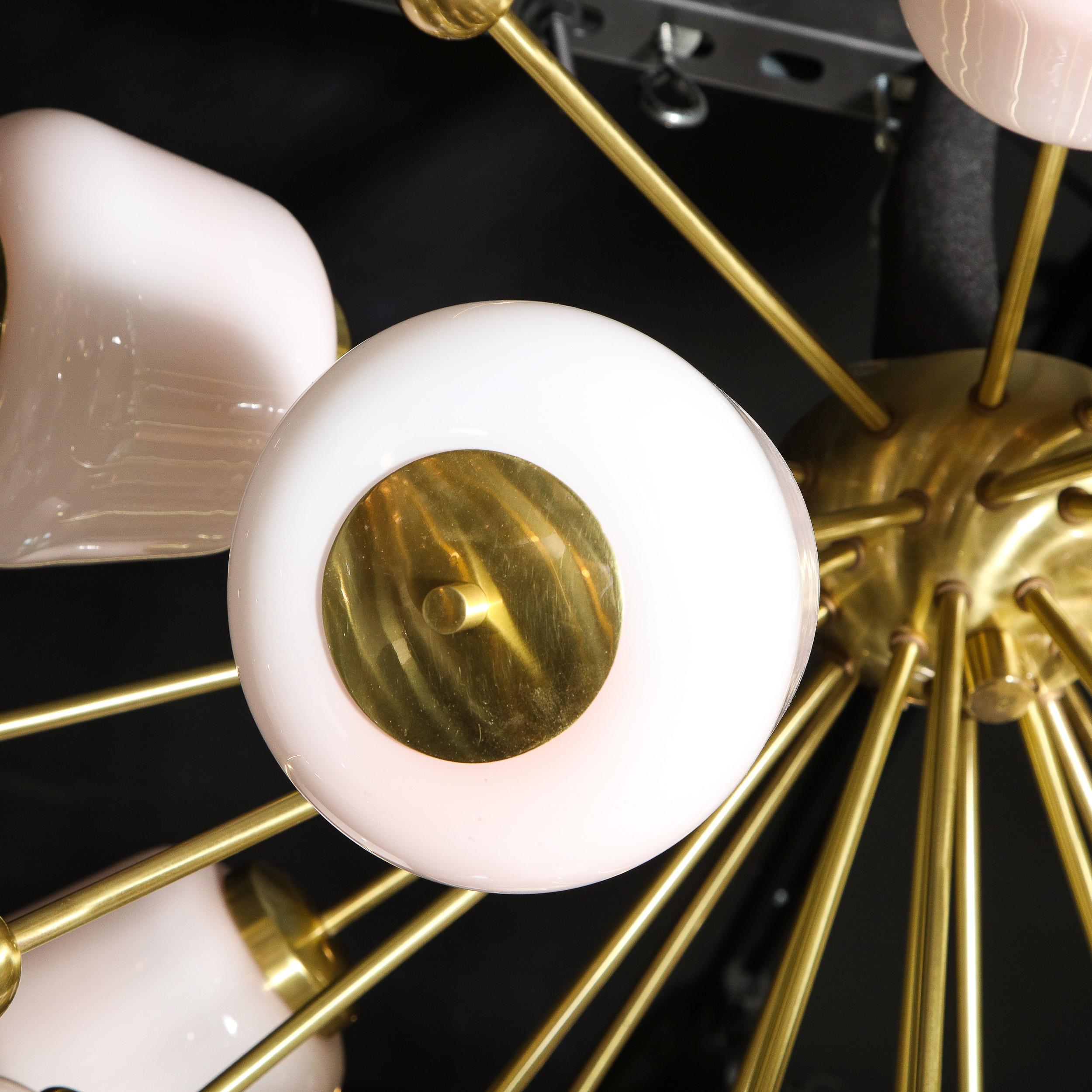 Modernist Brushed Brass & White Murano Glass Sputnik Flush Mount Chandelier For Sale 2