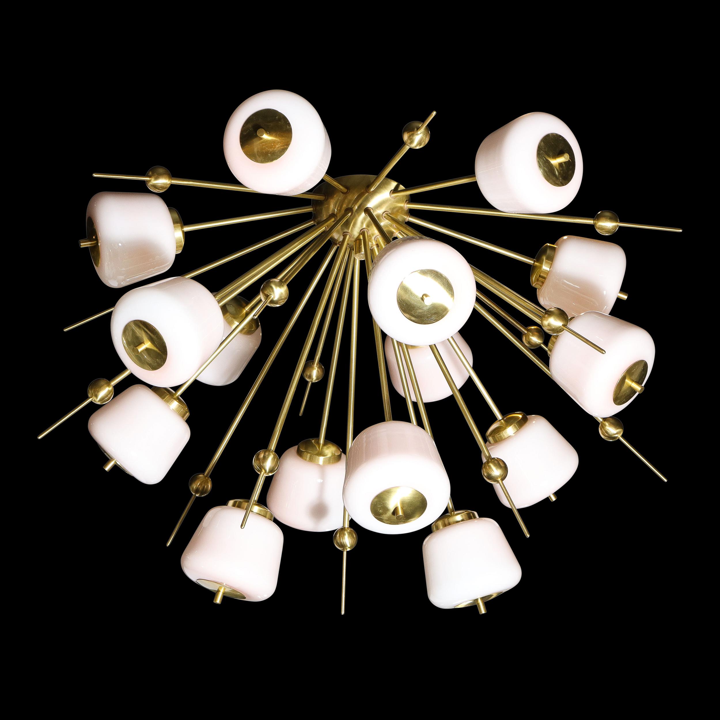 Modernist Brushed Brass & White Murano Glass Sputnik Flush Mount Chandelier For Sale 4