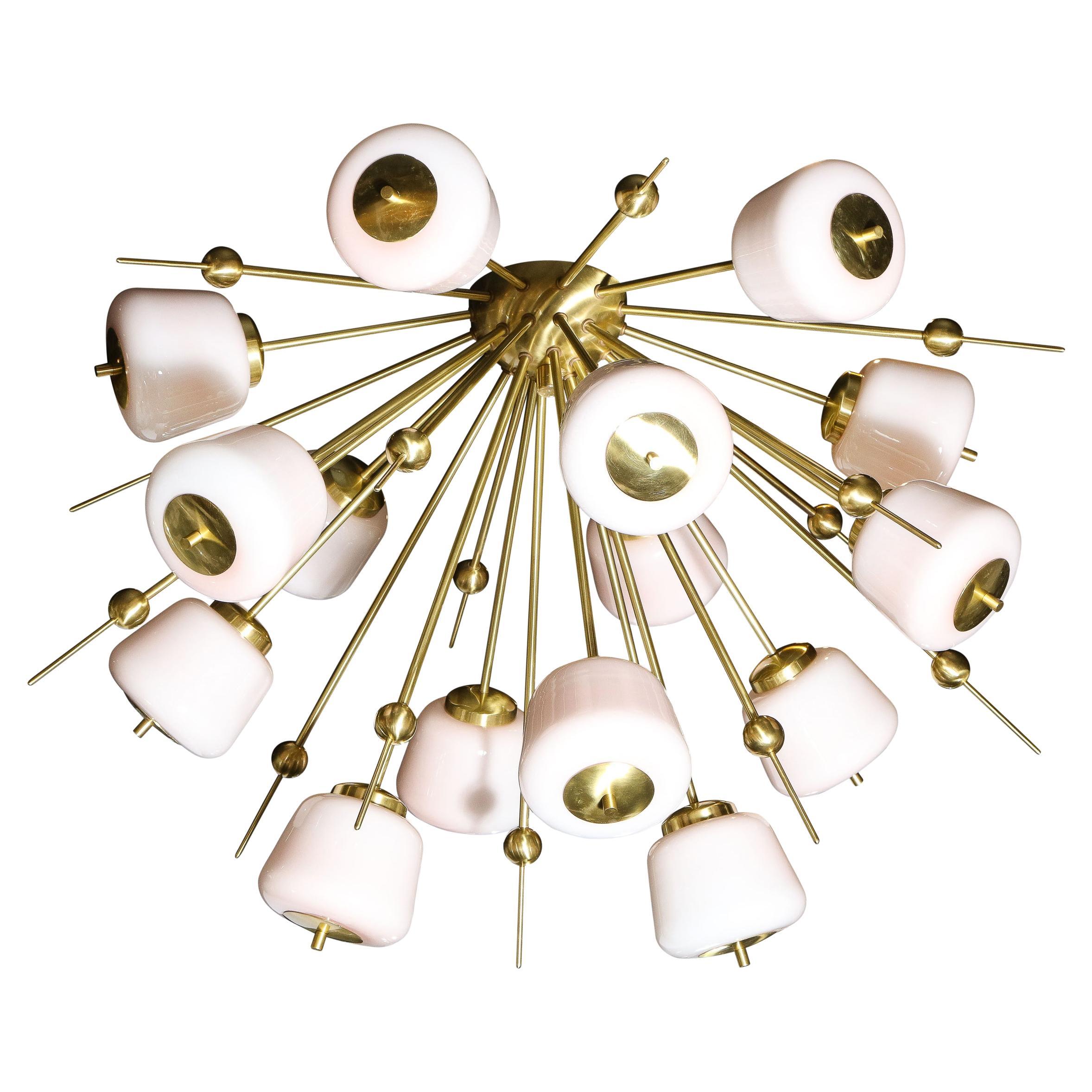 Modernist Brushed Brass & White Murano Glass Sputnik Flush Mount Chandelier