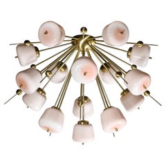 Lustre Sputnik moderniste en laiton brossé et verre de Murano blanc