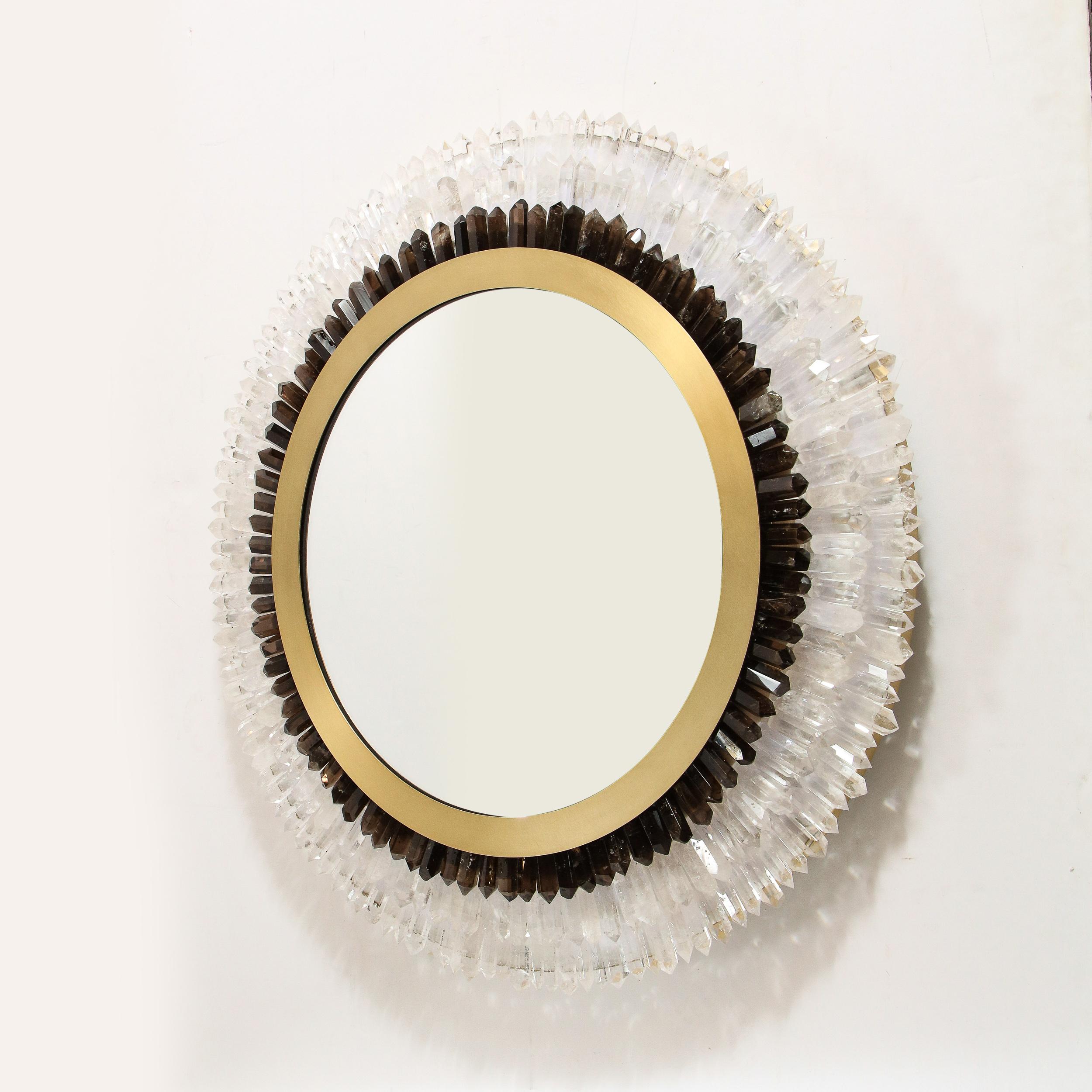 Modernist Brushed Brass, White & Smoked Rock Crystal Circular Wall Mirror For Sale 4