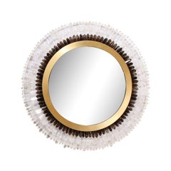Modernist Brushed Brass, White & Smoked Rock Crystal Circular Wall Mirror