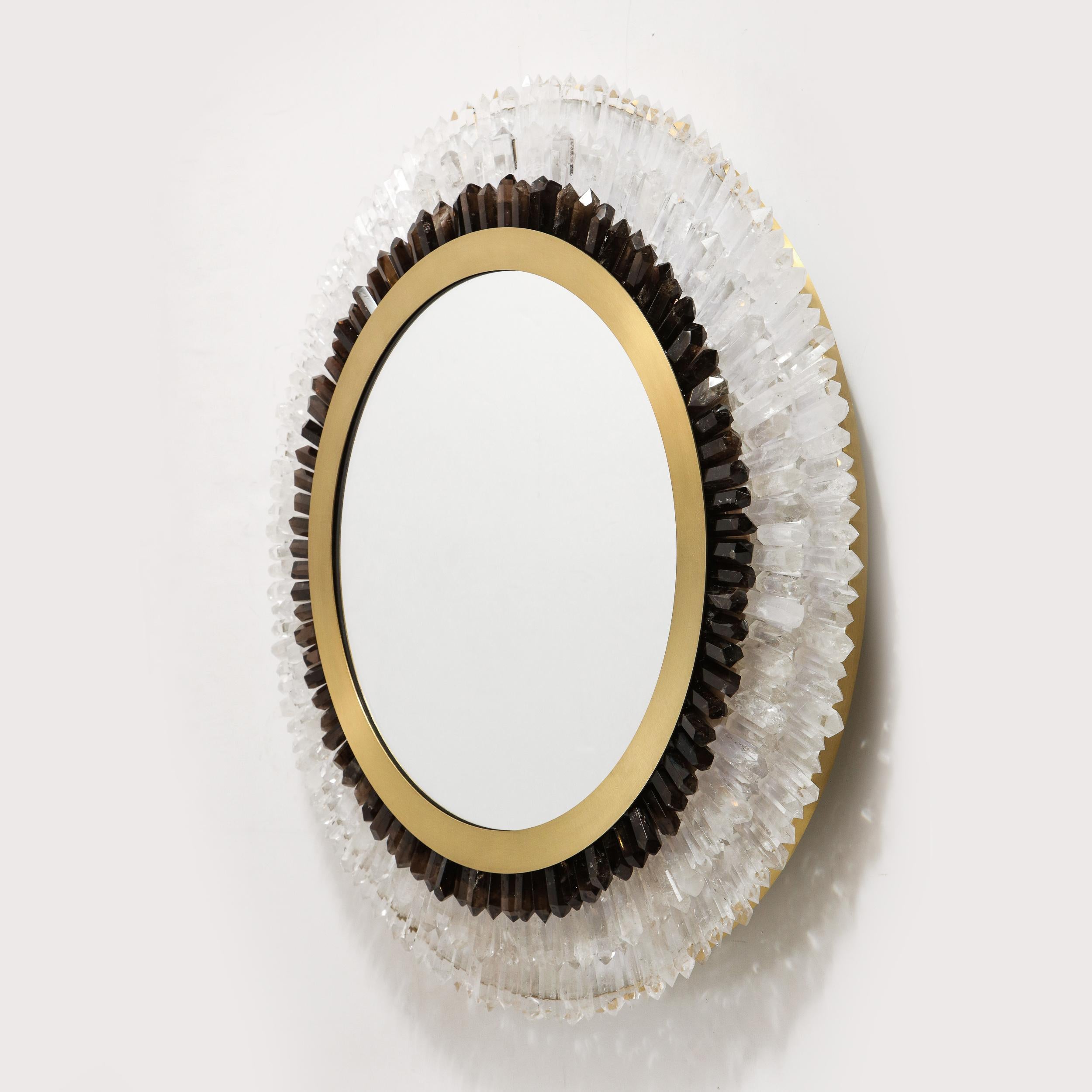 American Modernist Brushed Brass, White & Smoked Rock Crystal Circular Wall Mirror For Sale