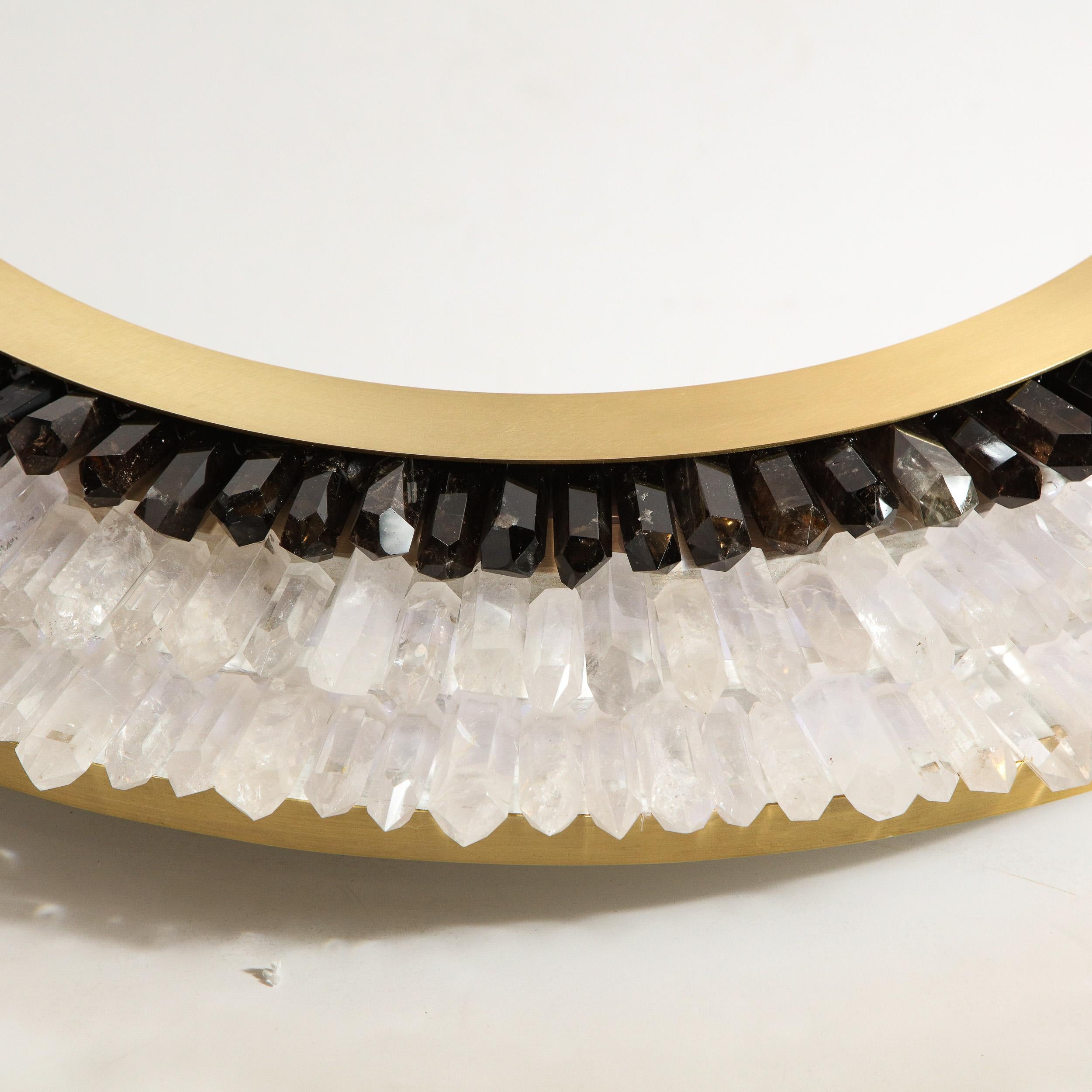 Modernist Brushed Brass, White & Smoked Rock Crystal Circular Wall Mirror In Excellent Condition For Sale In New York, NY